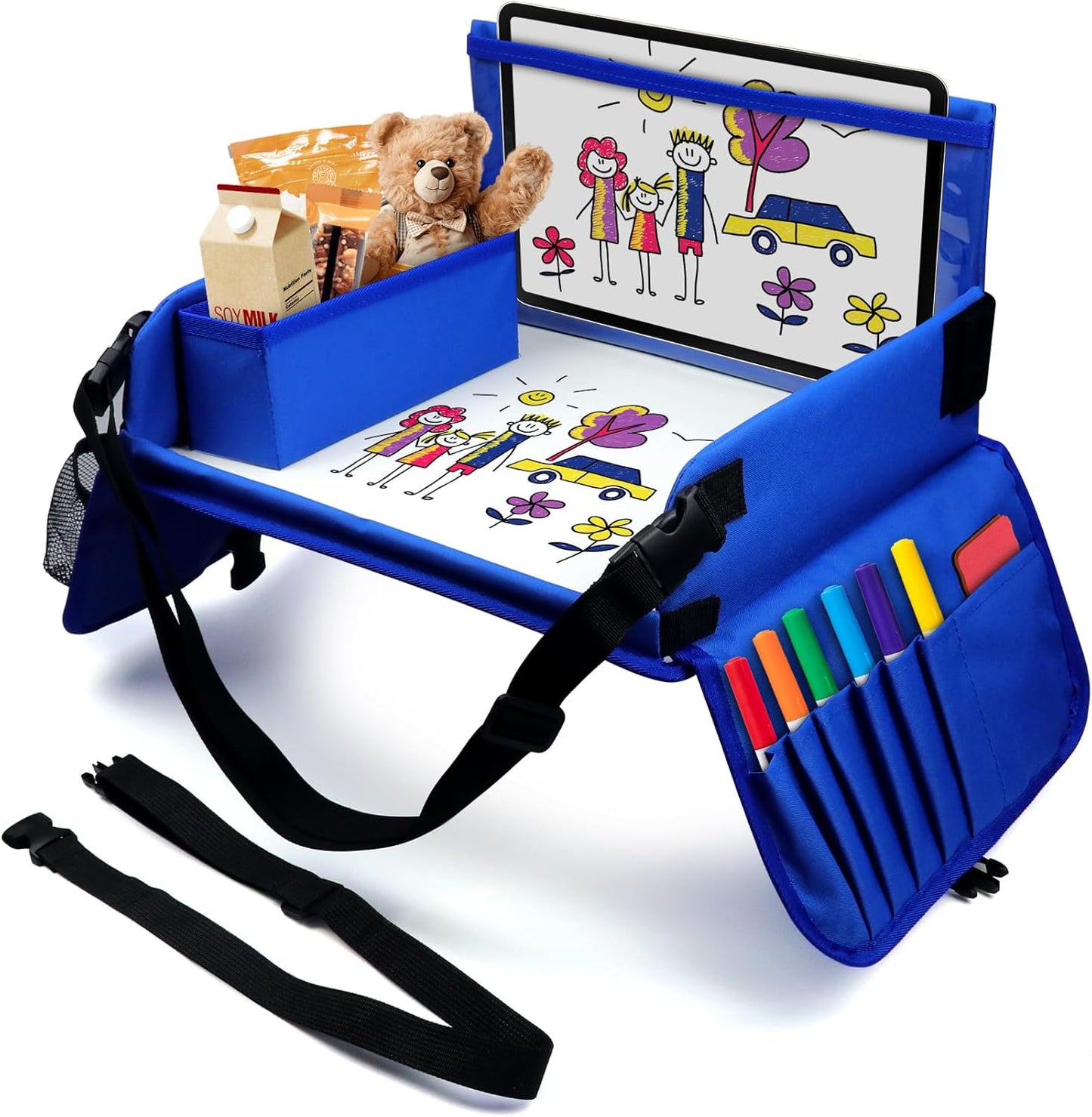 Travel Tray for Kids, Carseat Table Tray for Road Trip Activities, Toddler Lap Desk Organizer for Airplane - Blue