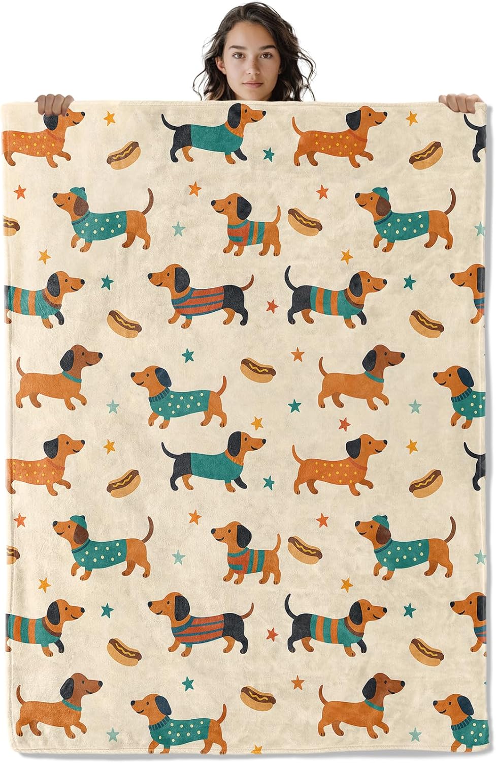 Playful Dachshund Blanket, Wiener Dogs in Colorful Outfits and Hotdogs 60 x 50 Inch Flannel Throw Blanket, Gifts for Women Kids, Lightweight Cozy Warm Blankets for Sofa Travel Home Decor
