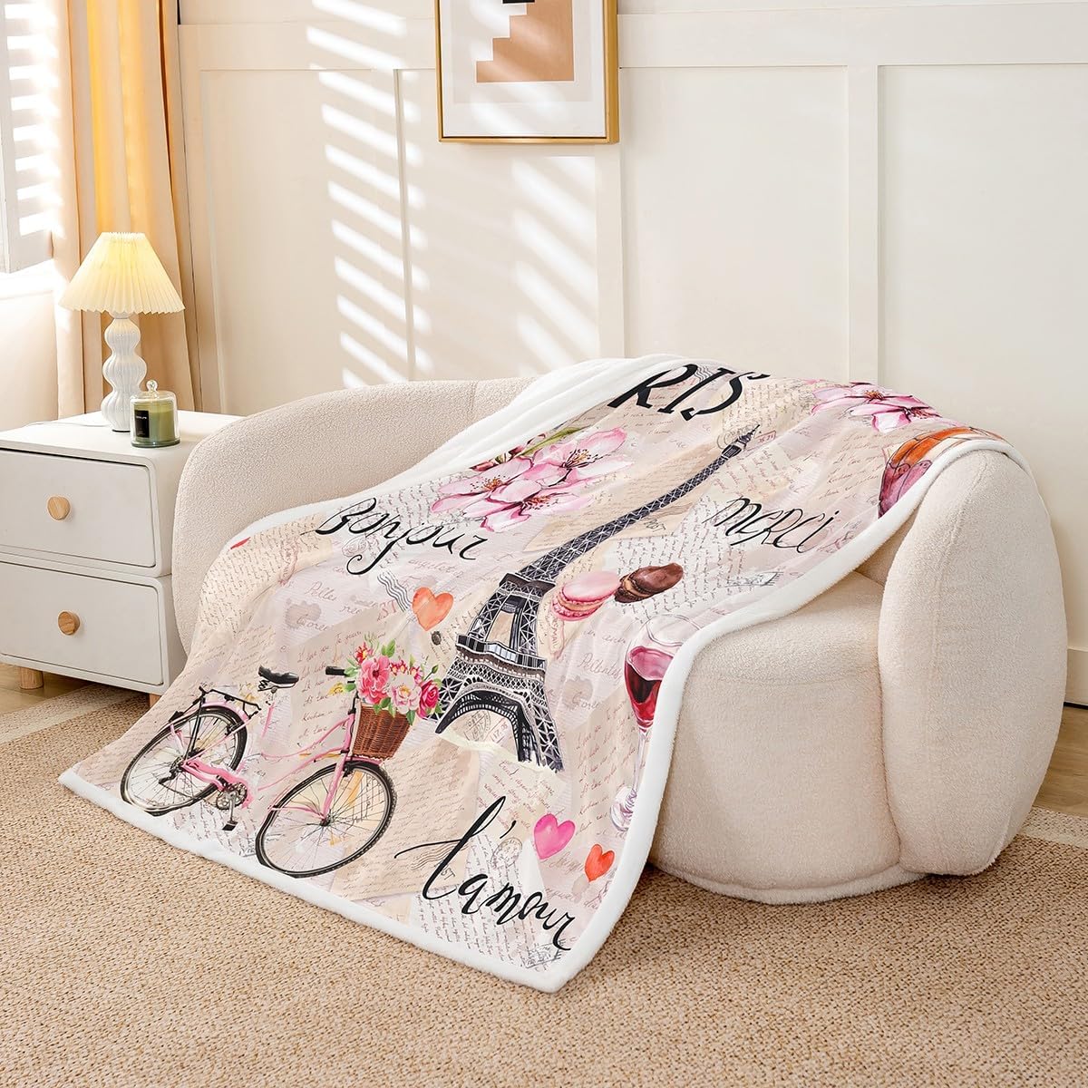 Feelyou Eiffel Tower Sherpa Throw Blanket Girls Chic Romantic Paris Theme Fleece Blanket for Bed Sofa Couch Women Teens Pink Floral Flowers Plush Blanket Retro French Letter Room DecorThrow 50"x60"