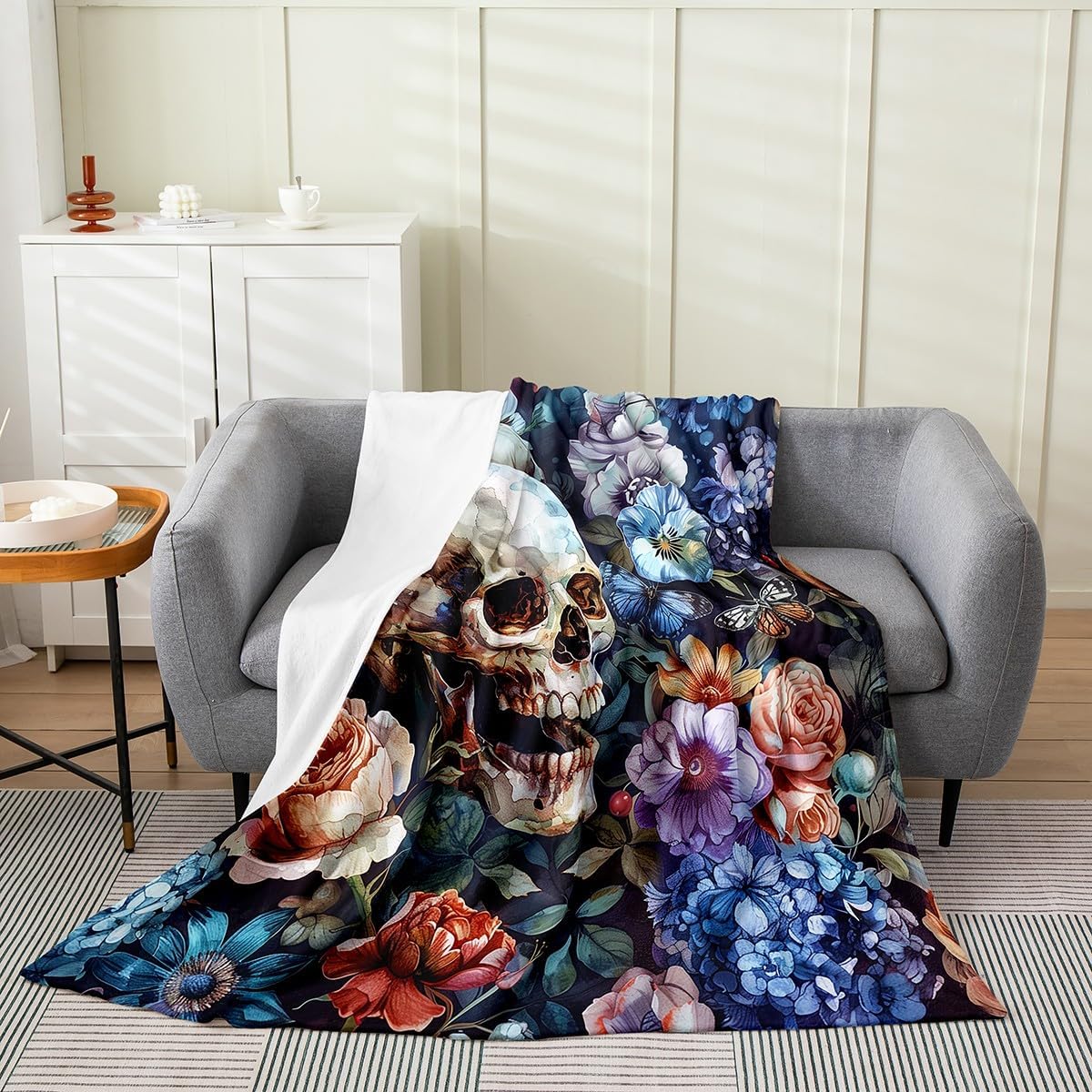 Erosebridal Rose Butterfly Skull Flannel Blanket Throw 50x60 Inch Pansy Hydrangea Leaves Fleece Blanket Flowers Oil Painting Fuzzy Plush Throw Horror Theme Living Room Decor