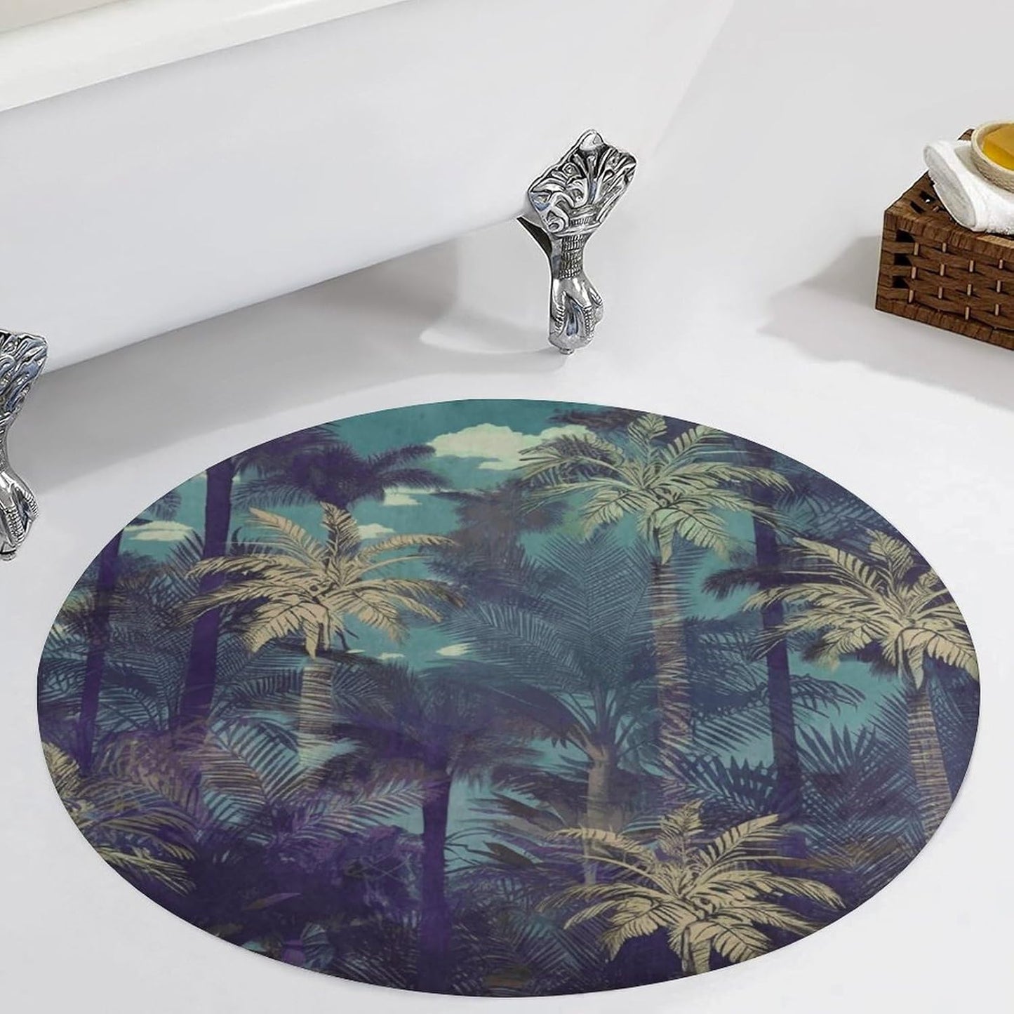 Fantasy Palm Tree Jungle Circle Rug Retro Luxury Coral Velvet Floor Mat Non Slip Soft Indoor Floor Carpet Comfy Thickened Area Rugs Modern Aesthetic Minimalist Carpets for Home Decor
