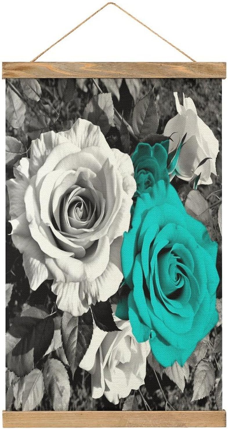 Vintage Black White Teal Gray Rose Flowers Poster with Wooden Frame Personalized Linen Hanging Scroll Painting Rustic Wall Hanging Illustrative Modern Artwork Decor for Home Living Room Bedroom Office