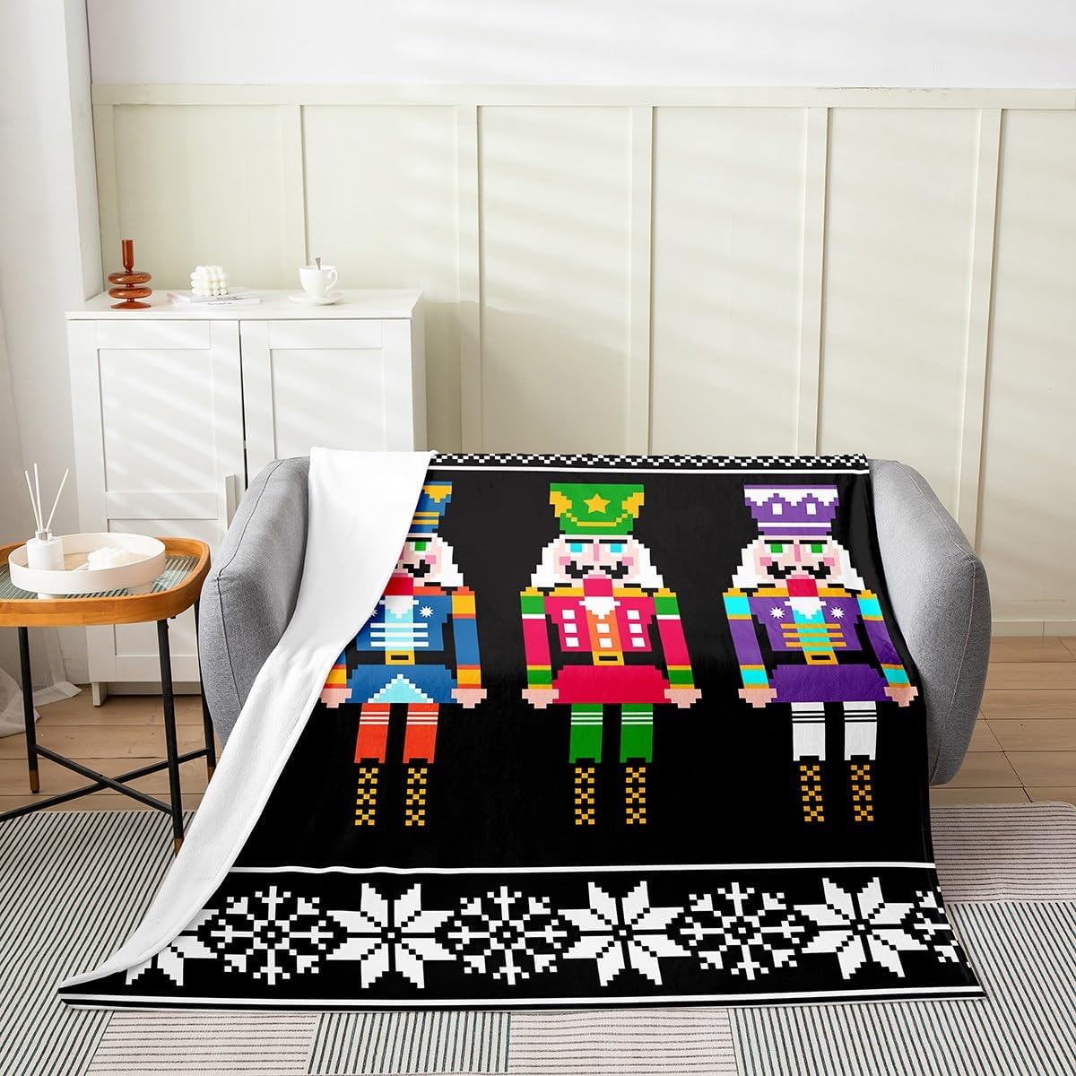 Erosebridal Nutcracker Blanket Throw 50x60 Inch, Retro Xmas Throw Blanket, Colorful Scandinavian Christmas Snowflakes Fleece Blanket, Black White Winter Flannel Blanket for Kids Teens