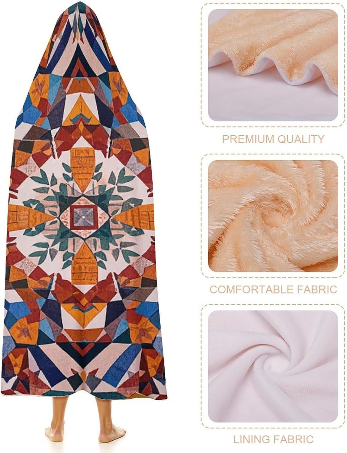 Patchwork Moroccan Wearable Blanket Hoodie for Women Men Oversized Soft Fleece Blanket Sweatshirt Cozy Poncho-