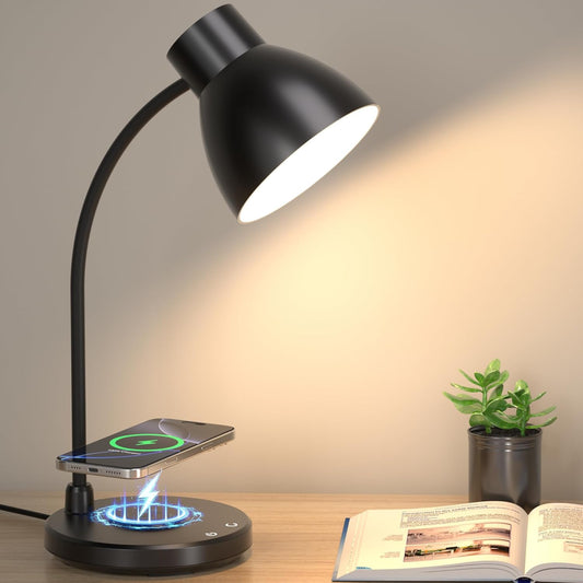 Desk Lamps for Home Office - LED Desk Lamp with Wireless Charger, 3 Color Modes Dimmable Eye-Caring Study Reading Desk Light, Small Flexible Arm Table Lamp for College Dorm Room Bedside, Black