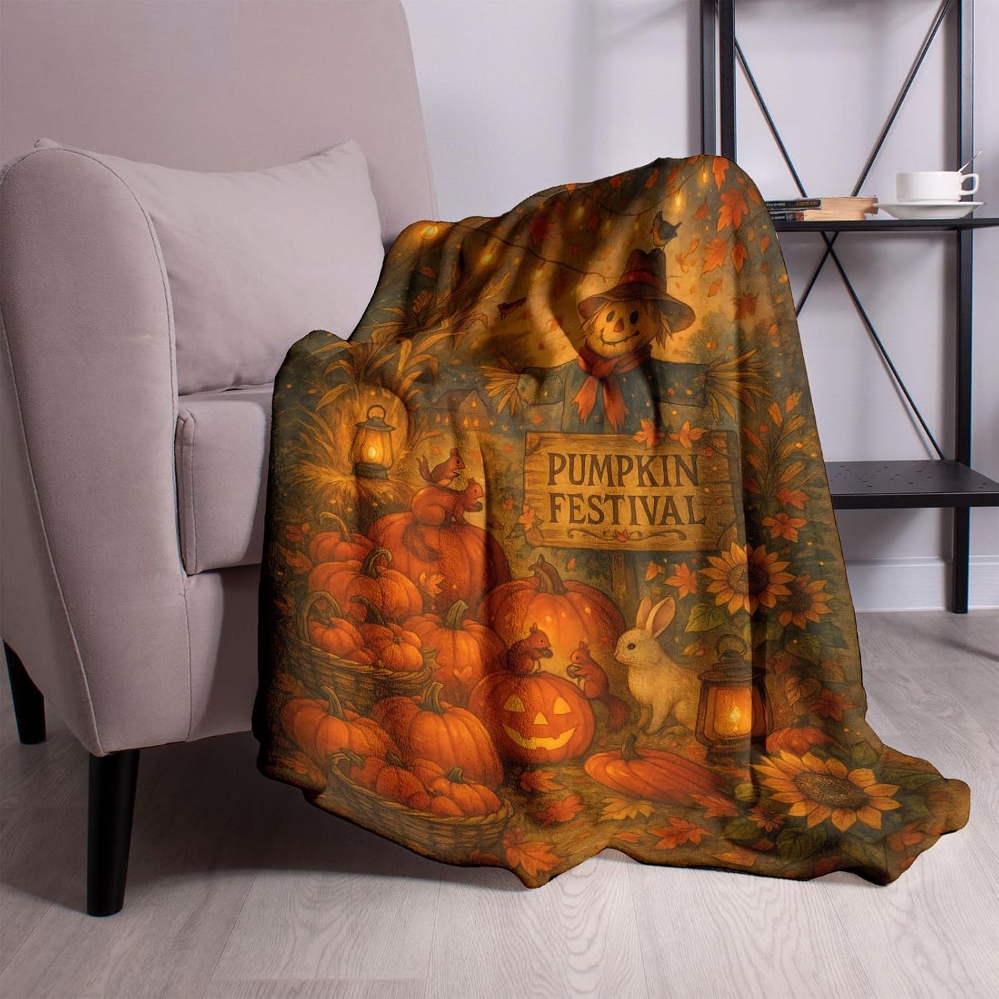 Fall Pumpkin Festival Blanket 60"X50" - Soft Flannel Throw Blanket, Autumn Harvest Decorative Blanket for Couch, Farmhouse Thanksgiving Home Decor Gift (Pumpkins, Scarecrow)