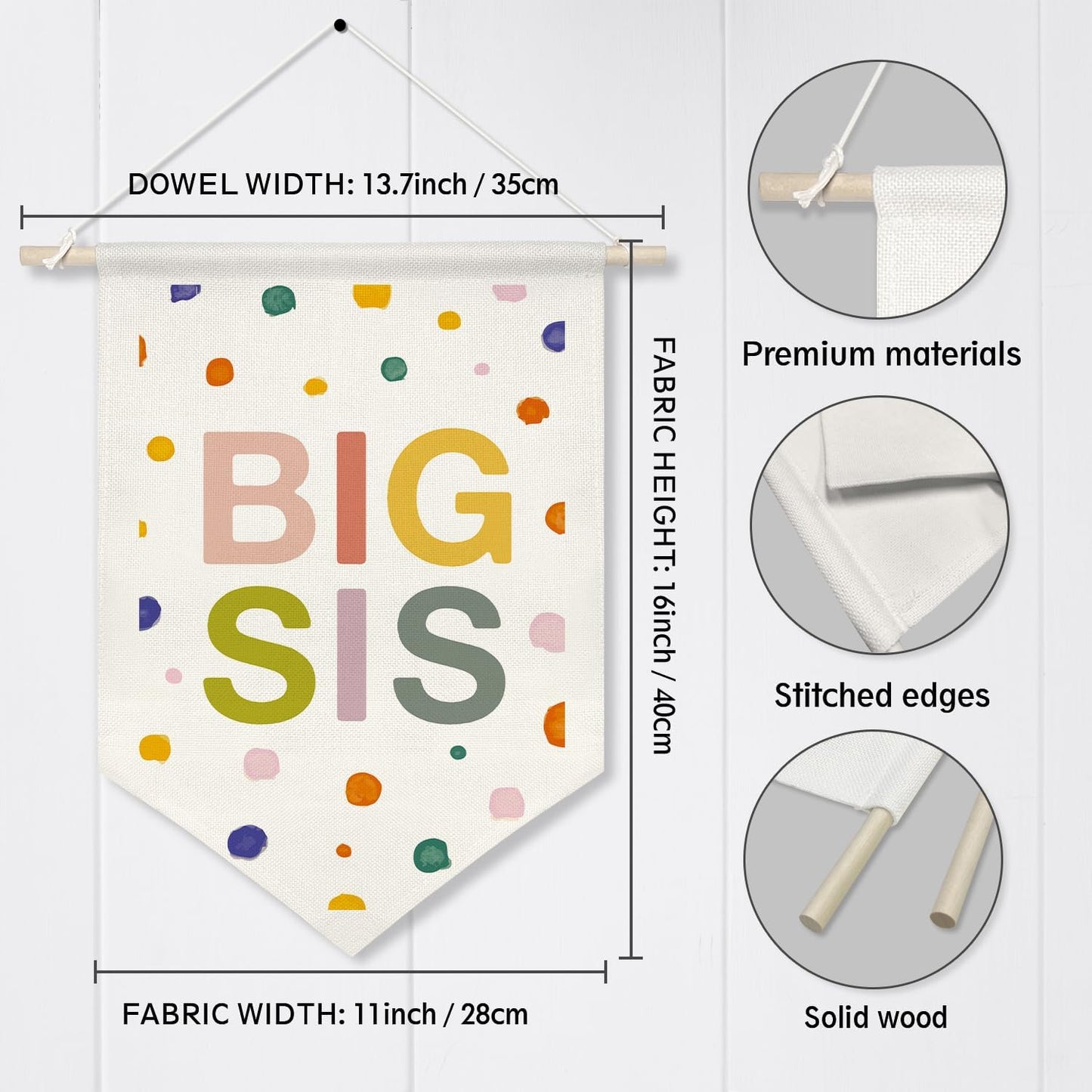 BIG SIS Wall Hanging Banner,Colorful Canvas Nursery Sign for Baby Girl, Little Sister Room Decor, Toddler Bedroom or Playroom Wall Hanging Poster, Lovely Gift for Newborn Girls or Big Sister Reveal 16x11inch(KD13)