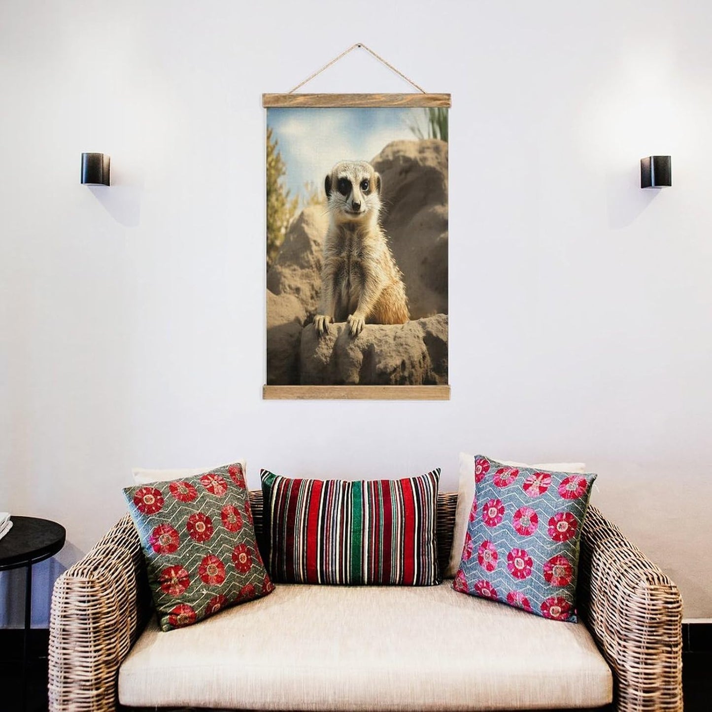 Vintage Meerkat Animal Poster with Wooden Frame Personalized Linen Hanging Scroll Painting Rustic Wall Hanging Illustrative Modern Artwork Decor for Home Living Room Bedroom Office