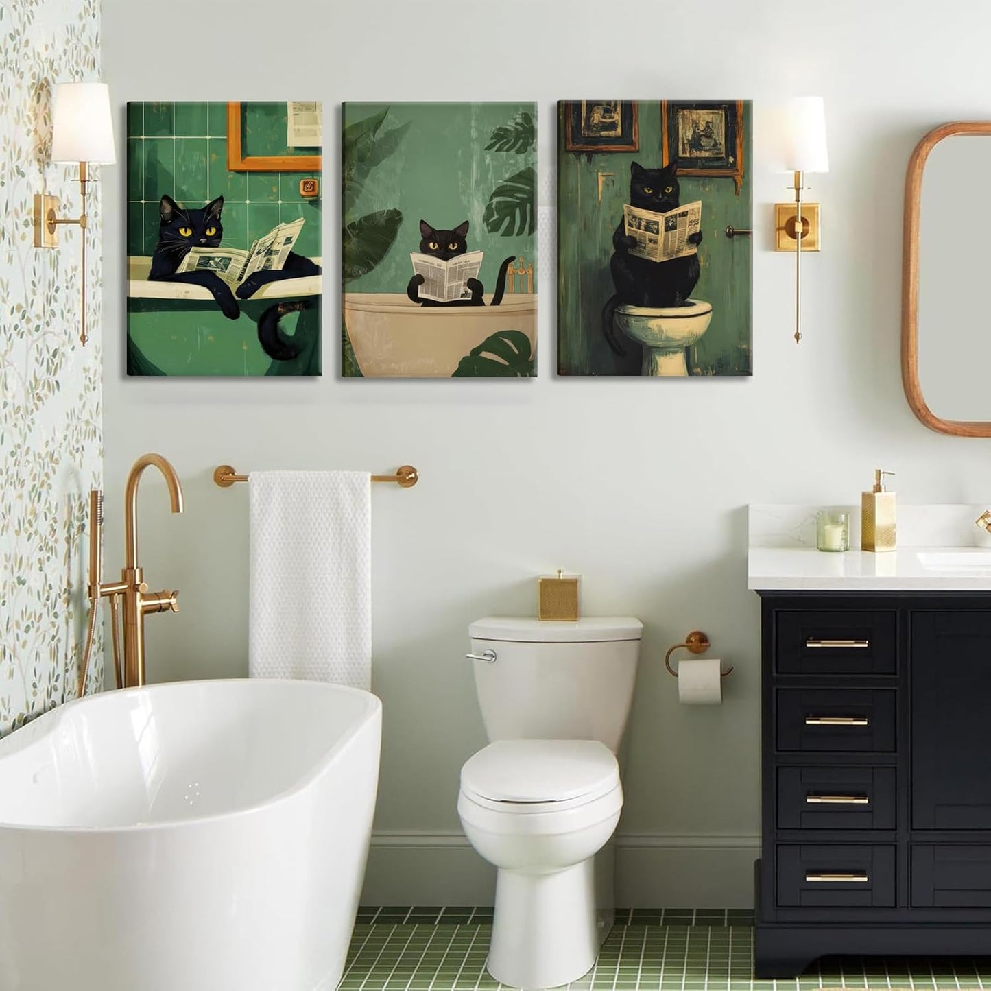 BOKPEN Black Cat Bathroom Canvas Wall Art,Cute Cat Reading Newspaper Funny Bathroom Poster Prints,Green Toilet Art Vintage Painting Artwork for Washroom Aesthetics Whimsical Quirky Room Decor 16x24in