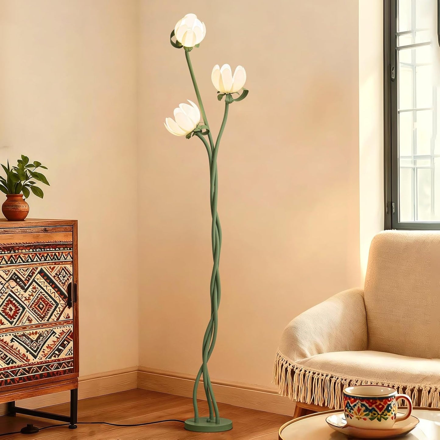 Vintage Floral Floor Lamp with 3 Adjustable LED Heads, Green Standing Lotus Light for Living Room Bedroom, 67" Tall Artistic Metal Lamp with Petal Shades, Foot Switch, LED Bulbs Included