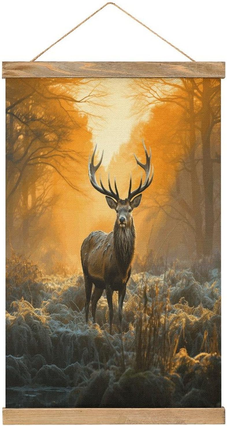 Vintage Deer in Forest Poster with Wooden Frame Personalized Linen Hanging Scroll Painting Rustic Wall Hanging Illustrative Modern Artwork Decor for Home Living Room Bedroom Office
