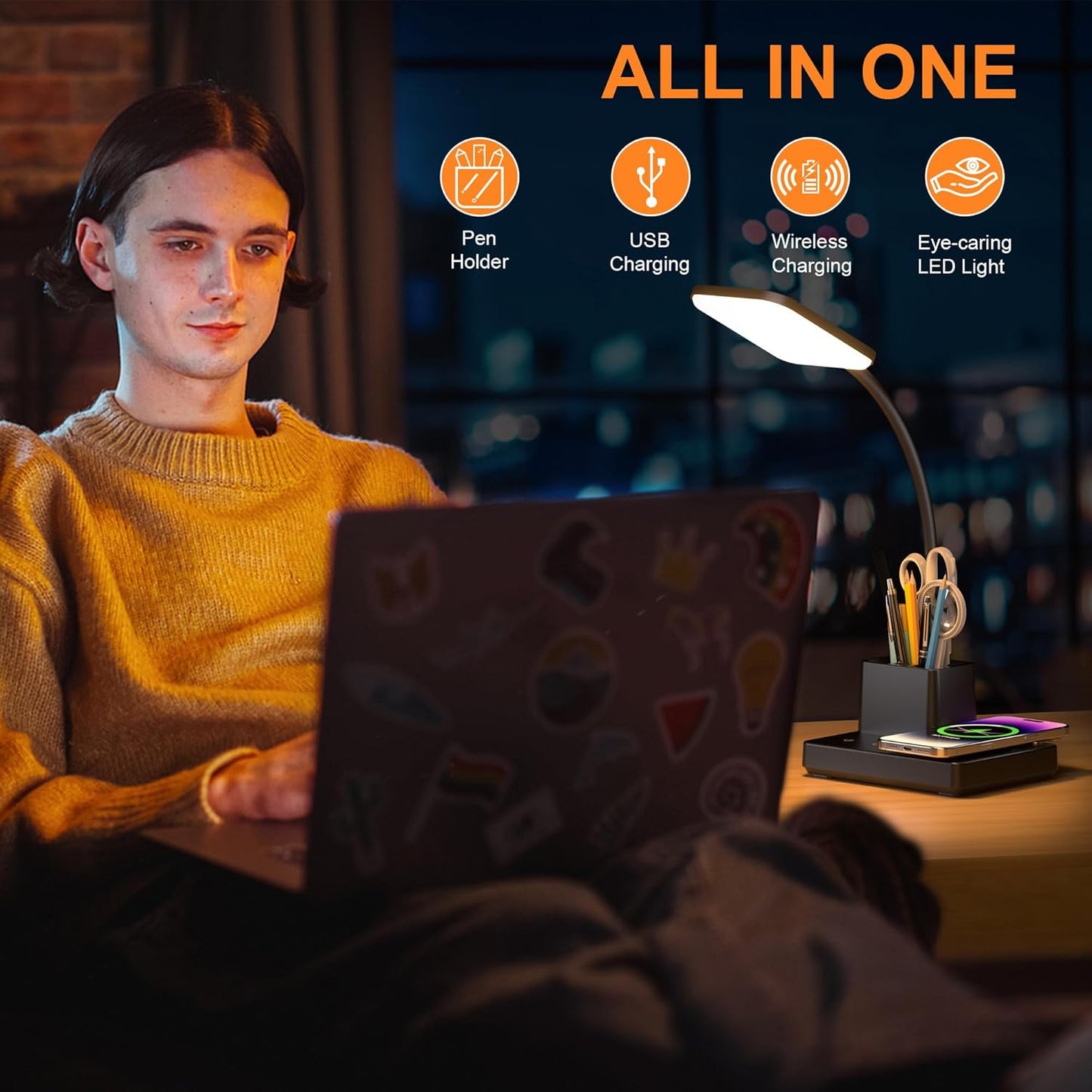 Sailstar Desk Lamp, Table Lamp with Wireless Charger & USB Port, 800LM CRI95 3 Color Modes Dimmable Touch Flexible Arm Pen Holder, LED Desk Lamps for Home Office, College Dorm Room, Adapter Included