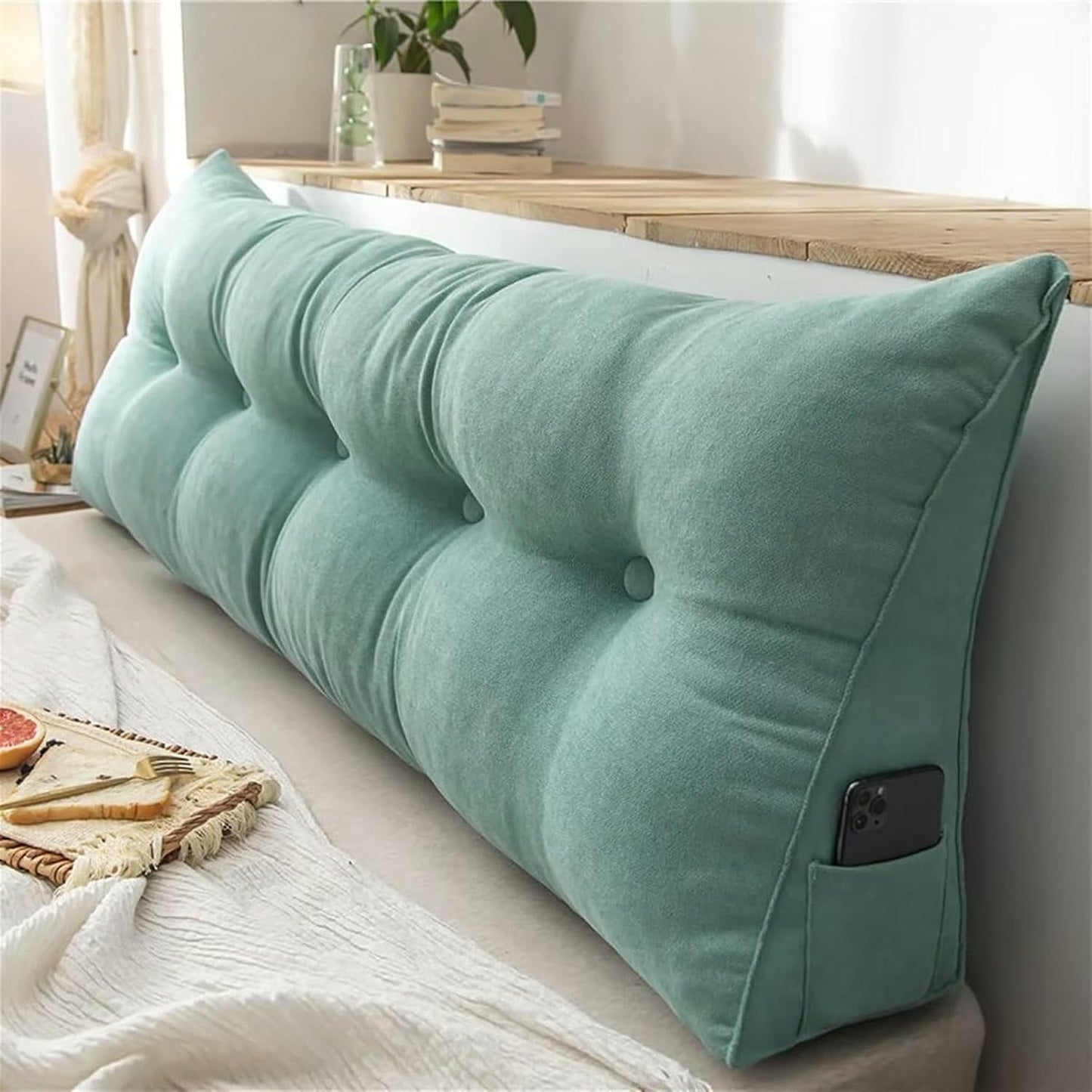 Triangular Headboard Wedge Bed Rest Reading Pillow Backrest Positioning Support Bolster Cushion Large Headboard Backrest Wedge Pillow with Removable Cover, Black Grey