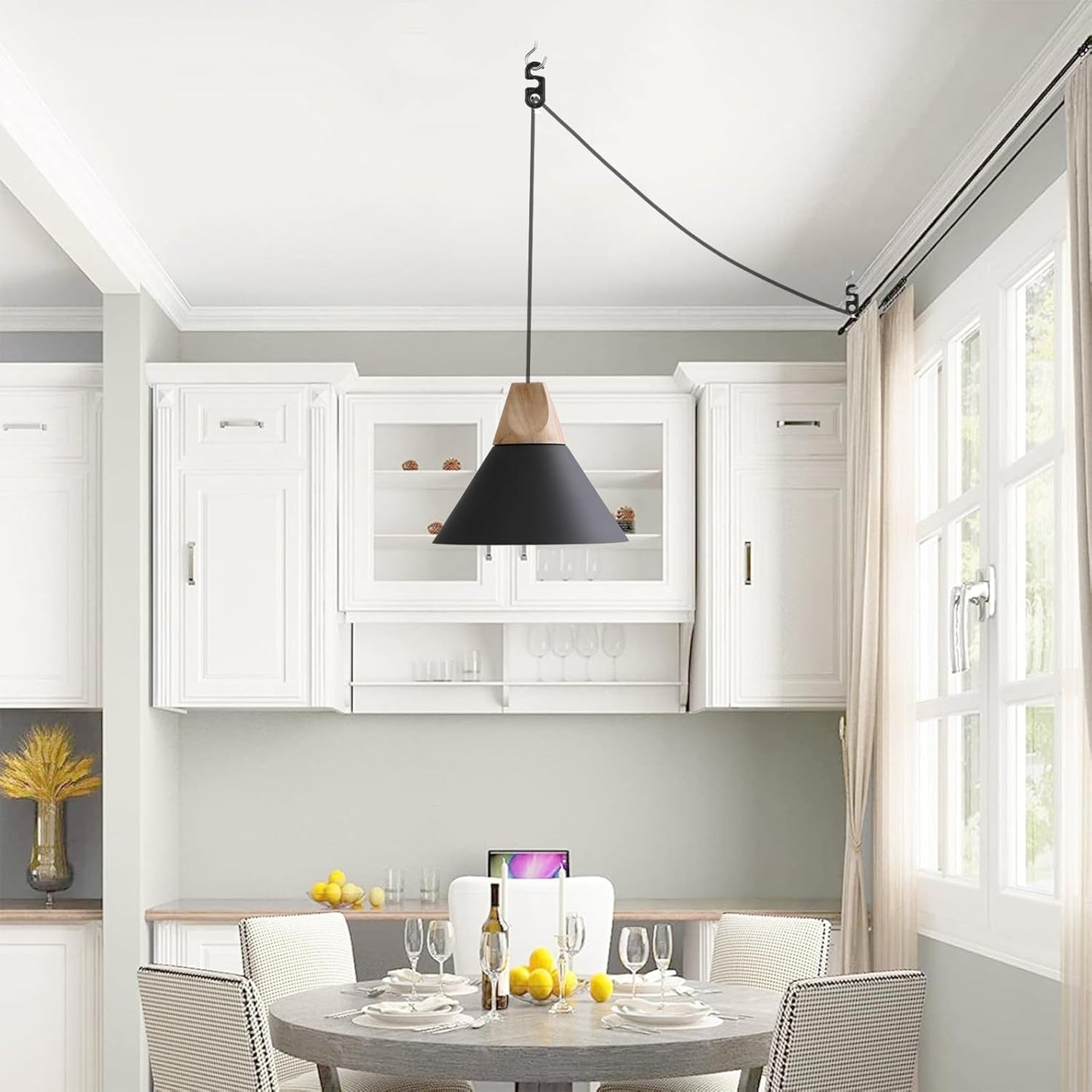 Modern Plug in Pendant Light,Haning Light with 16.4ft Cord, On/Off Switch,Hanging Light with Plug in,Solid Wood,Matte Black