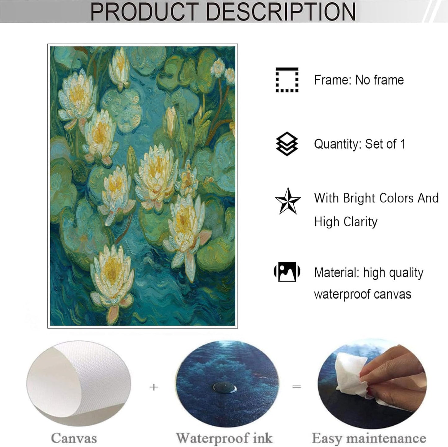 GDJSMIN Oil Painting Style Wall Art, Yellow Water Lily Plant Poster for Reading Room Living Room Decor 12x 16 inch Unframed