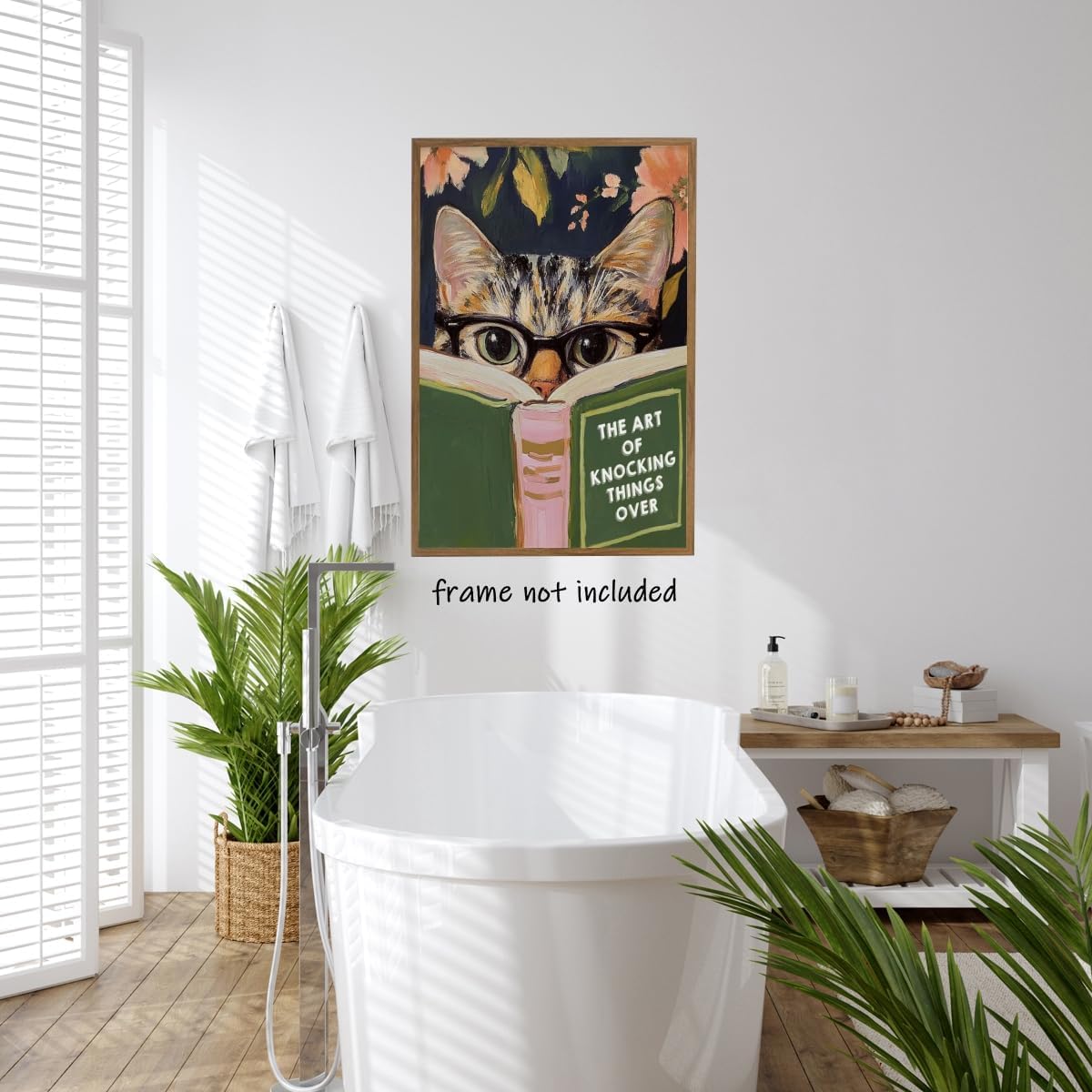 WLZWD Funny Cat Reading Book Wall Art Poster Retro Floral Aesthetic Reading nook office decor Green Pink Humorous Bathroom decor Prints for Bedroom Living Office Unframed8x10inch