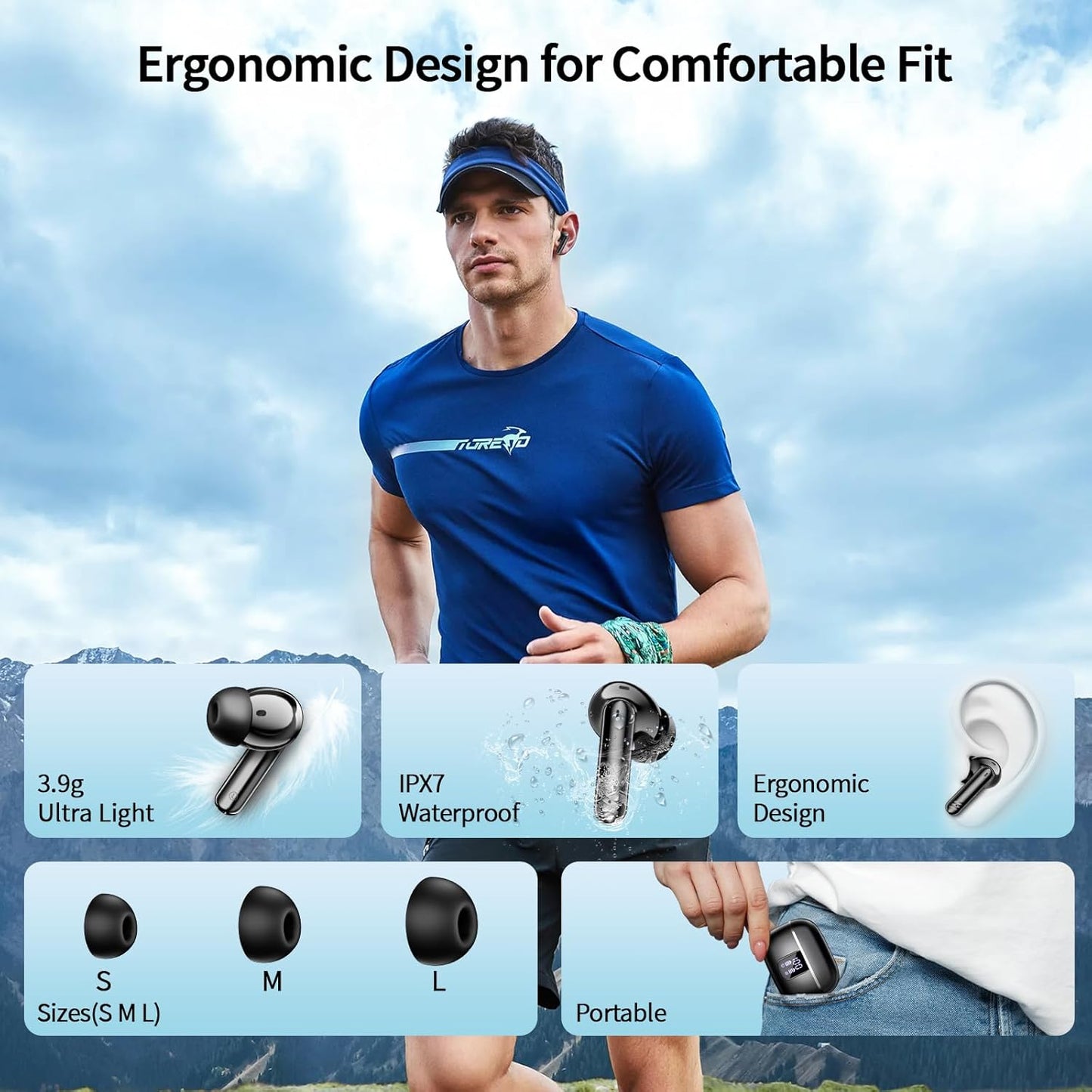 2026 New Wireless Earbuds, Bluetooth 5.4 Headphones with Noise Cancelling Mic, 46H Headphones with 3D Bass Stereo Sound, Ultralight, USB-C LED, Waterproof IPX7 Earphones for Android iOS. Black