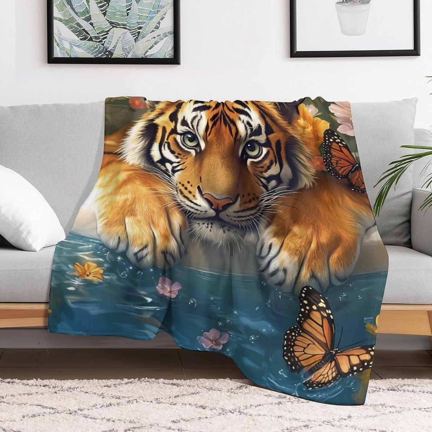 Funny Bathroom Tiger in Bathtub Throw Blanket for Couch Bed Plush Cozy Fuzzy Flannel Blanket for All Season 66"x90"