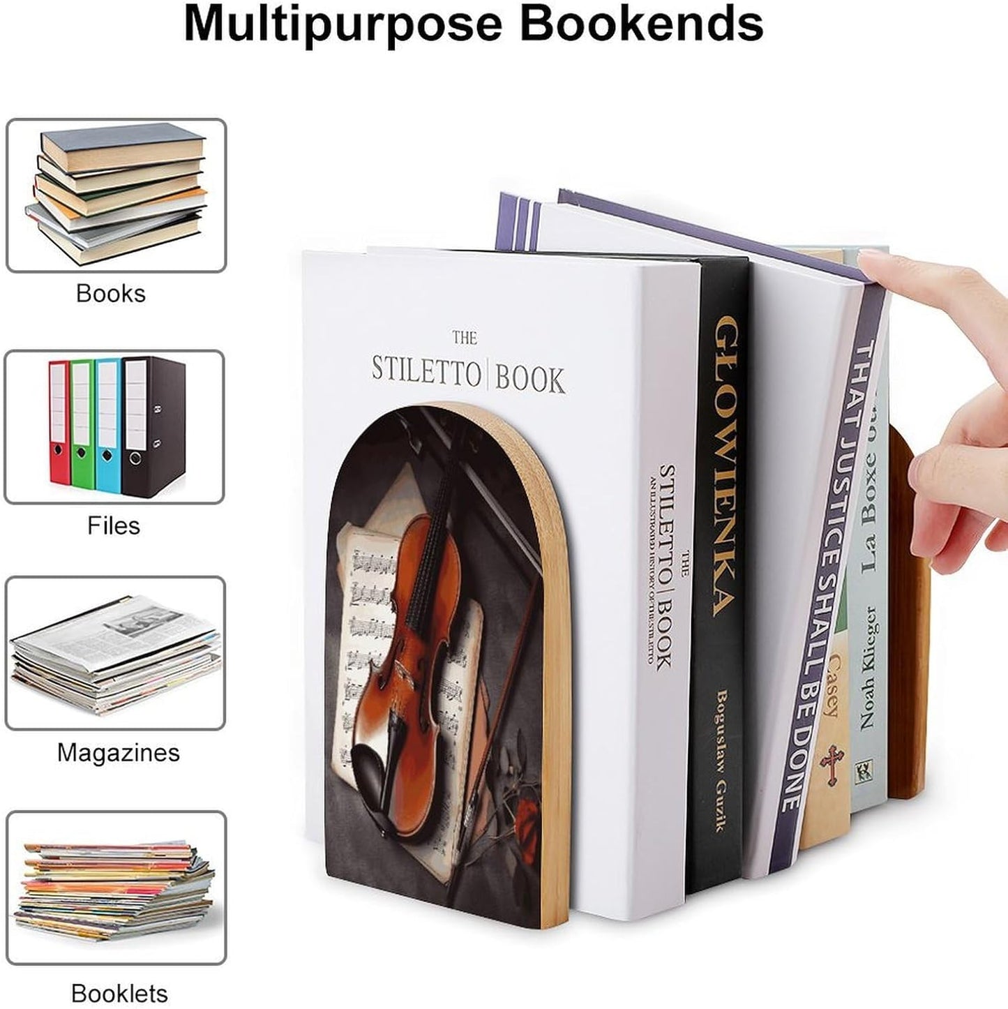 Violin Sheet Music Bookend for Shelves Wooden Book End Large Size Sturdy Book Holders Stoppers with Metal Base for Bookshelves Slick Decorative Bookends Stands