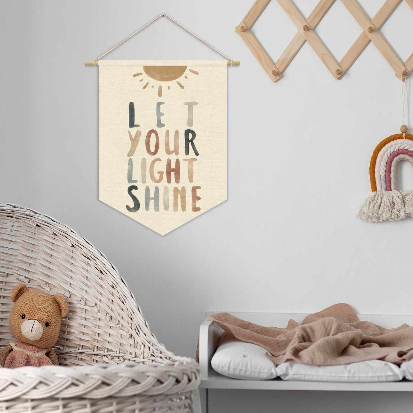 Inspirational Christian for Nursery Wall Decor,Let Your Light Shine for Kids Wall Art Canvas Banner,Boys Girls Room Wall Hanging Pennant Flag Canvas Banner for Classroom Playroom Bedroom 15x11in