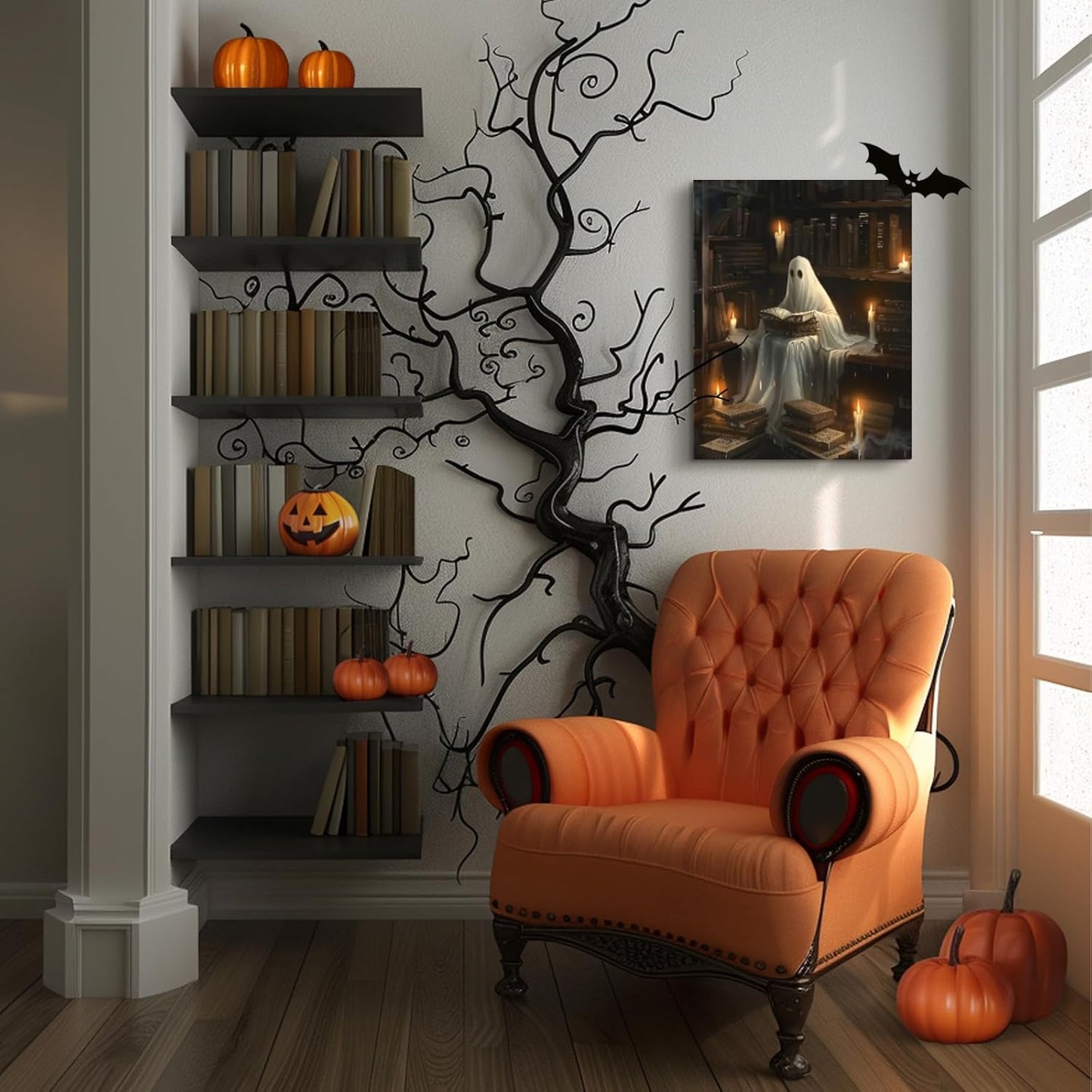 Vintage Ghost Canvas Wall Art, Framed Ghost Reading In The Library Aesthetic Print, Gothic Dark Academia Wall Decor,Gothic Art Print Painting White Ghost Picture For Bedroom Living Room 12x16 Inch
