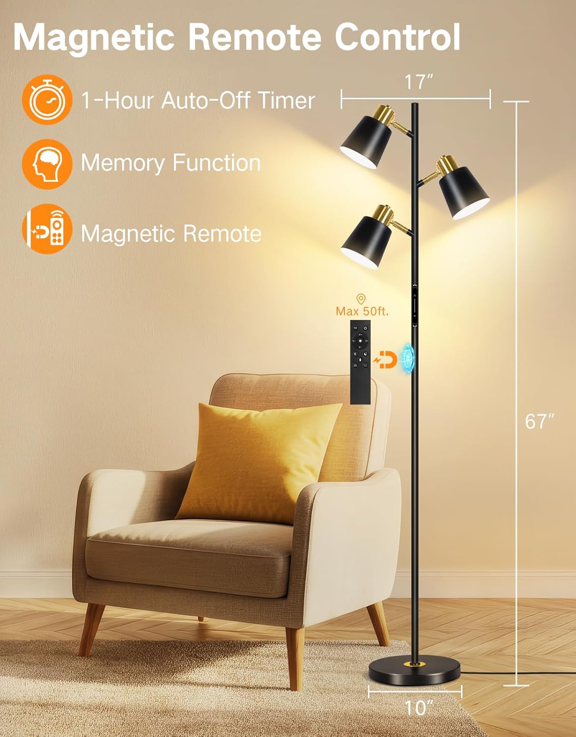 OUTON Tree Floor Lamp, LED Dimmable Floor Lamp with Remote and Touch Slide Control, 4 Color Temperatures, 3 Rotatable Lights, Modern Standing Lamp for Living Room Bedroom Office, Black Gold