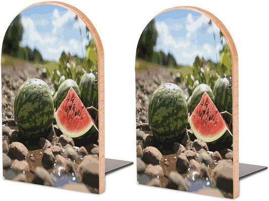 Watermelon on The Ground Wooden Bookend Non-Slip Book Ends Heavy Duty Book Stopper with Metal Base Books Holderd Decorative Bookends Stands Firmly for Office Supplies