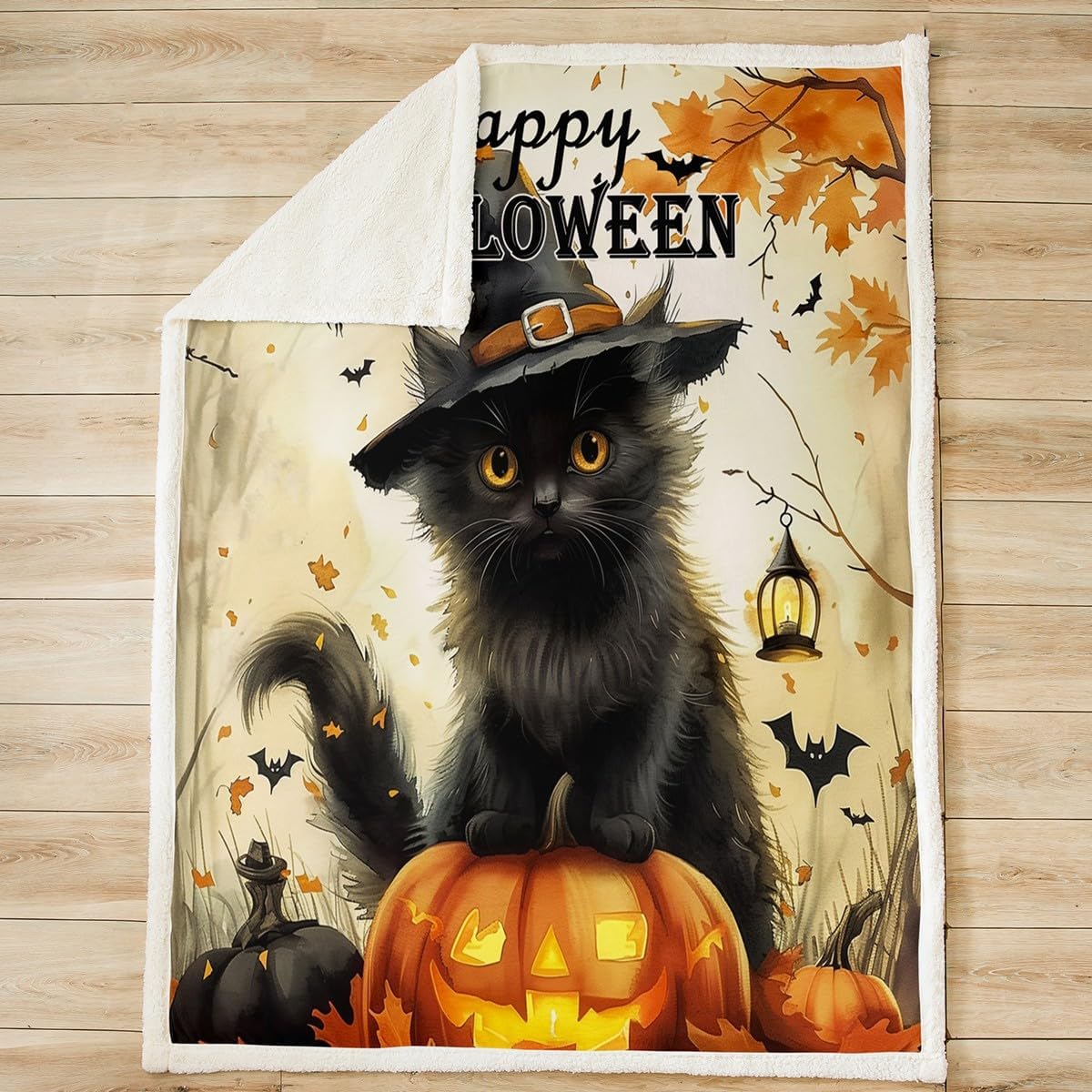 Cute Black Cat Bed Blanket Pumpkin Lantern Throw Blanket Lightweight Soft Cozy Luxury Happy Halloween Fleece Blanket Bat Leaves Flannel Blanket for Sofa Bedroom Office Travel All Season(Twin 60"x80")