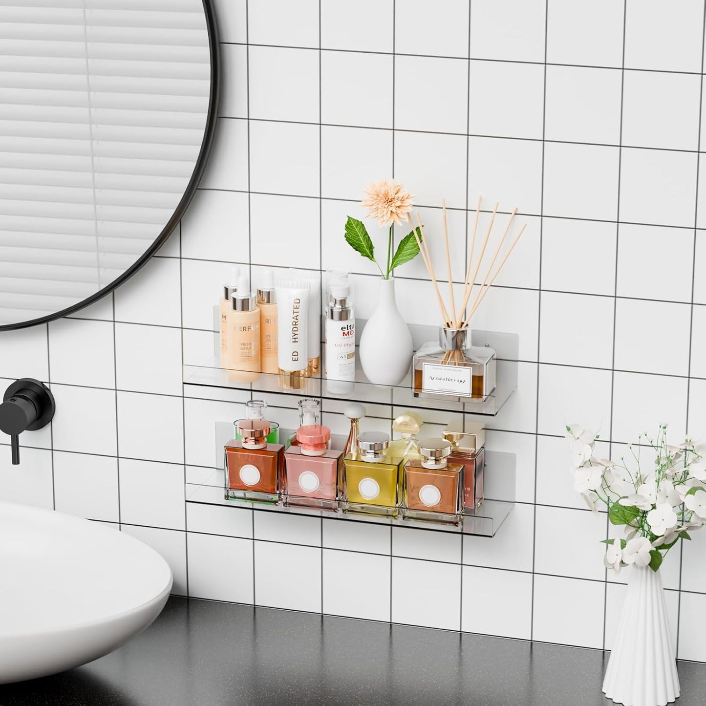2 Pcak Clear Acrylic Shelves for Bedroom,Room,15 Inch Bathroom Wall Shelf & Organizer,Invisible Floating Shelves & Wall Storage for Collectibles Perfume Shelf,Record,Funko Pop,Lego Display,Bookshelf