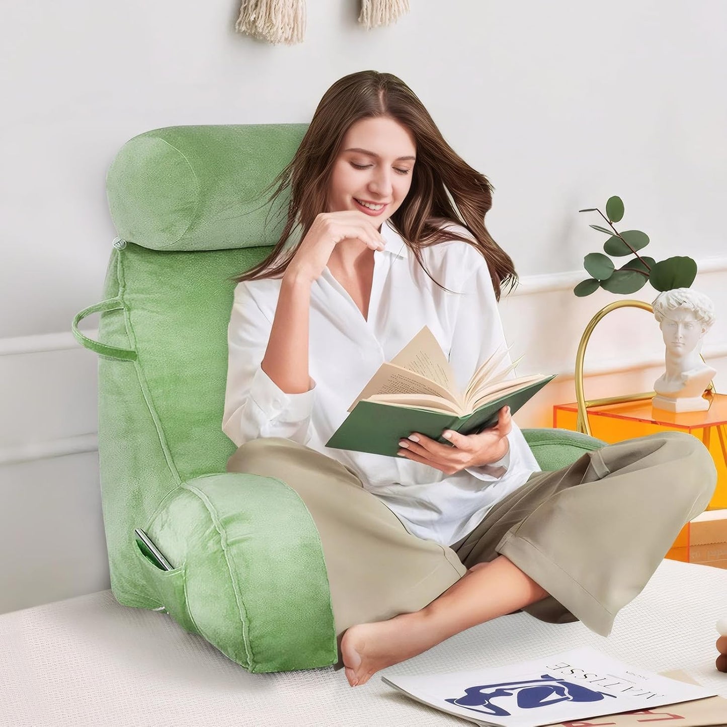 ele ELEOPTION Reading Pillow Velvet Feel Back Pillow for Bed Sitting up, Support Pillow for Bed Rest Pillow with Arms Reading Pillows for Sitting in Bed Adult Green
