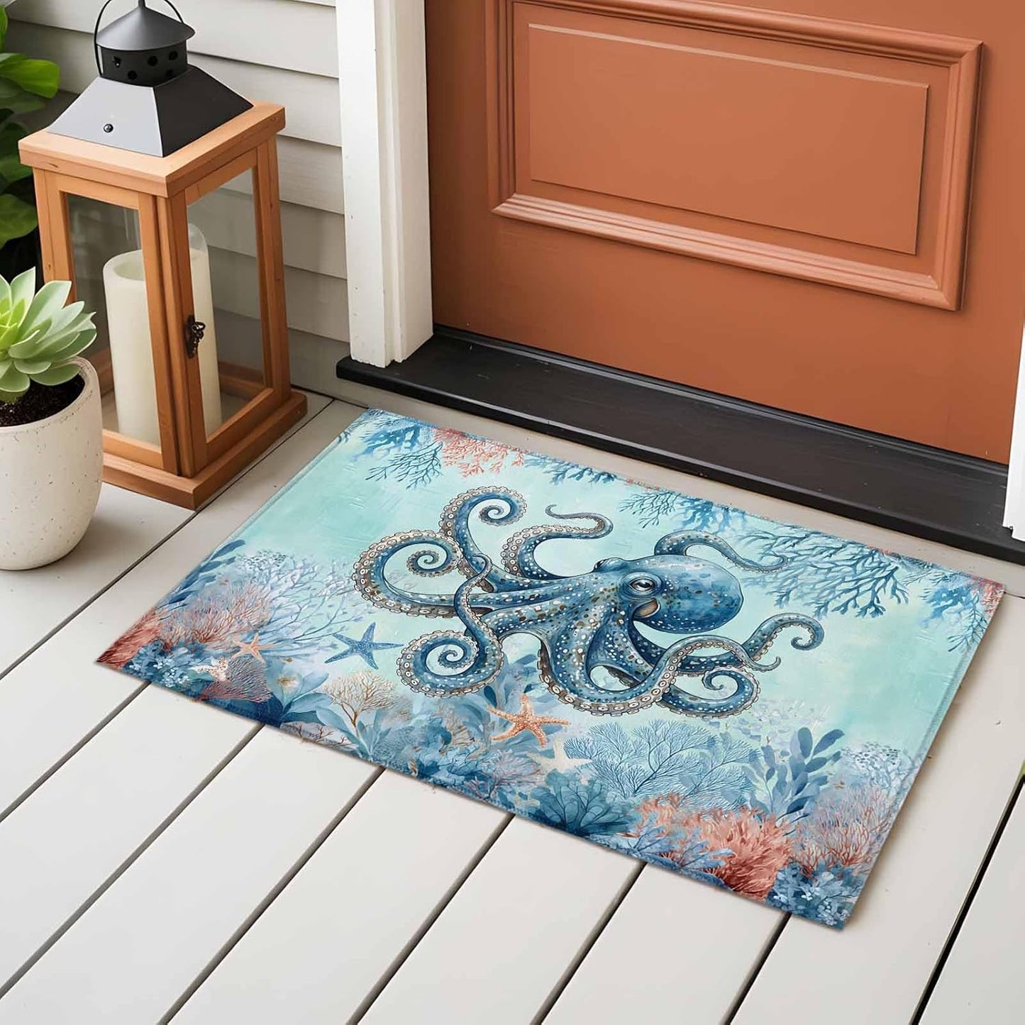 2x3 Ft Entryway Area Rug, Coastal Octopus Blue Kitchen Rug Runner Washable Floor Mat, Summer Beach Nautical Coral Starfish Non Slip Indoor Door Mat Throw Carpet for Bathroom Living Room