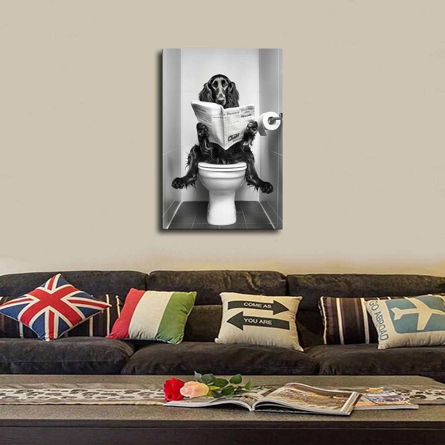 Black and White Animal Irish Setter Dog Sitting on The Toilet Bathroom and Reading A Newspaper Print Poster Picture HD Print Poster Retro Painted Modern Home Bedroom Room Aesthetic Decoration Canvas (12x18inch Framed)