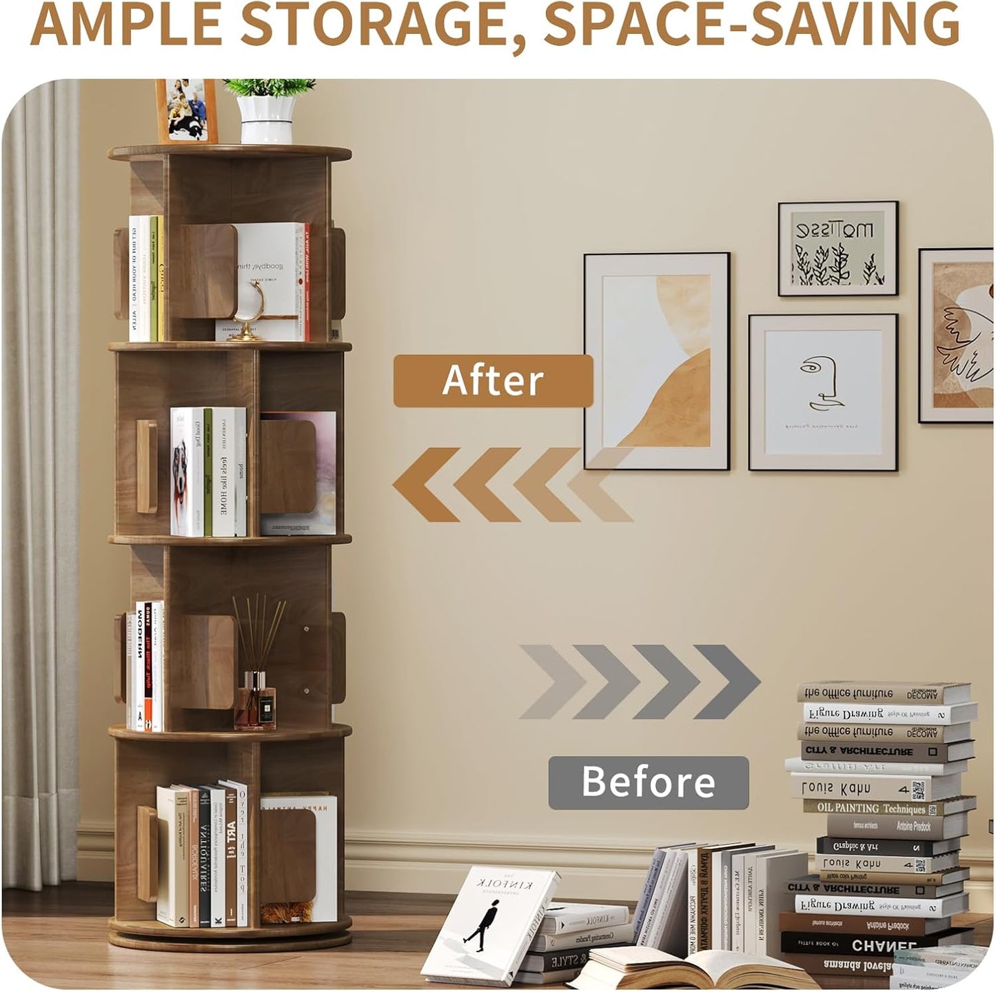 Uniclinens Wooden Rotating Bookshelf Tower 4-Tier, 360 Display Spinning Bookcase, Narrow Revolving Book Shelf Organizer for Kids&Adults, Round Bookshelves Floor Standing Storage Rack, Walnut
