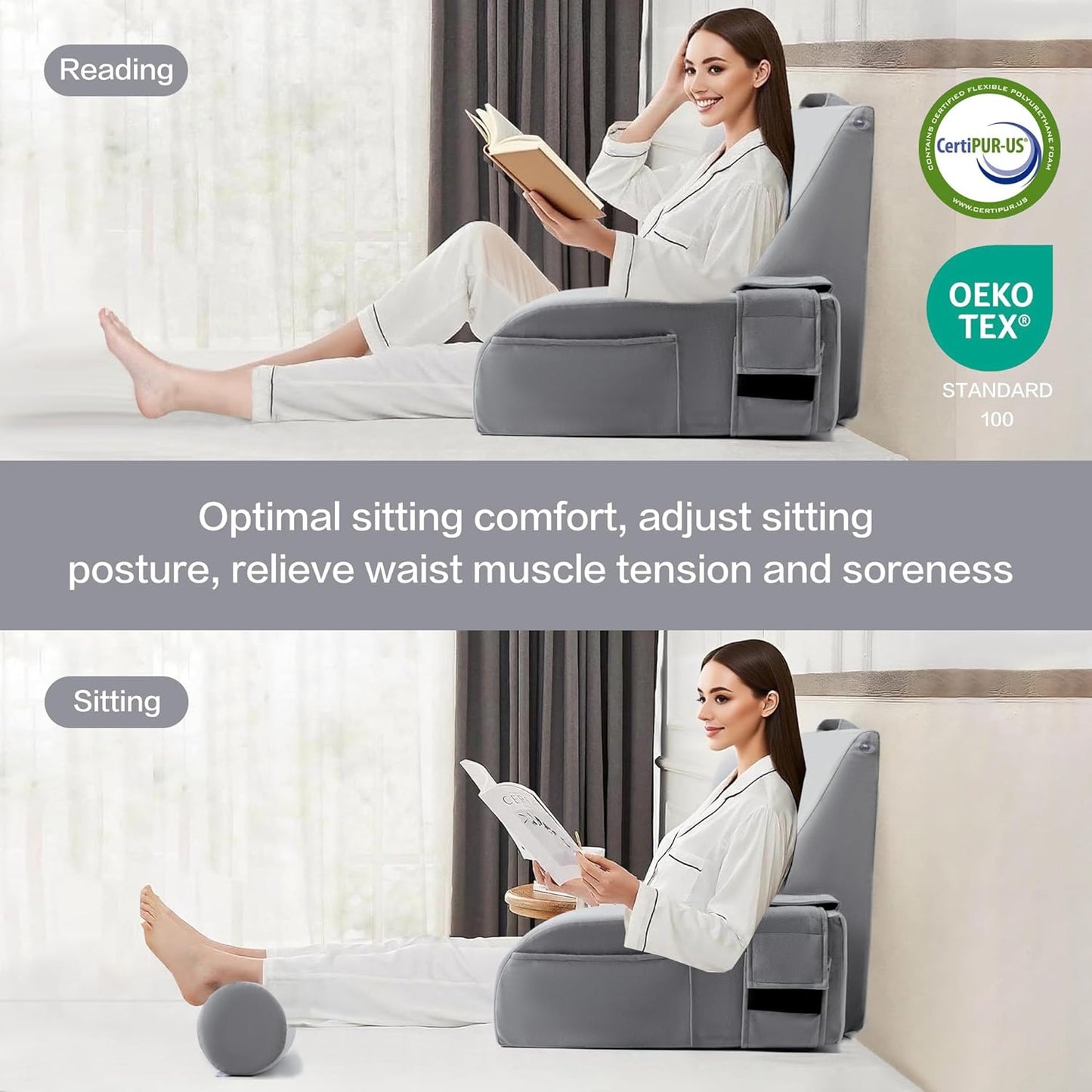 Reading Pillow for Sitting in Bed Adult Multi-Function Grey Back Pillow Bed Chair with Arm Rest Big Pockets, Backrest Support Pillow for Gaming/Resting/TV/Bedrest/Couch/Floor