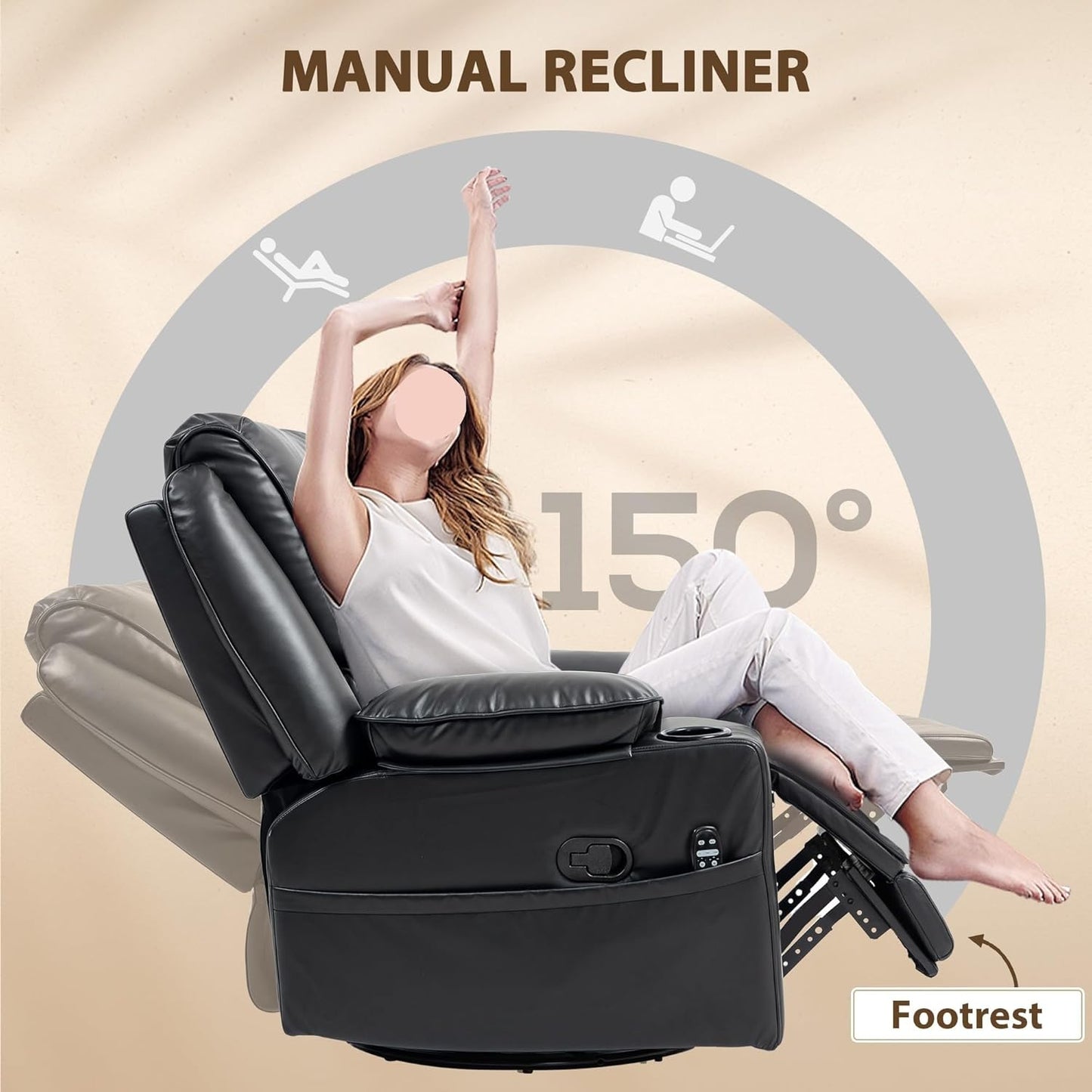 Swivel Rocker Recliner Chair with Vibration Massage and Heat Remote Footrest Cup Holders and Side Pockets Oversized Ergonomic Lounge Chairs for Living Room