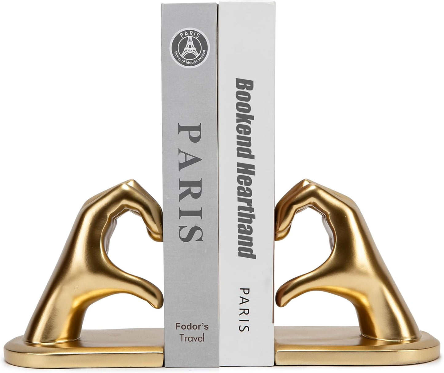 Decorative Bookends, Solid Hearthands Sculpture Book Stopper Decor Book Holder for Shelf Home Office Bedroom Living Room (Gold)