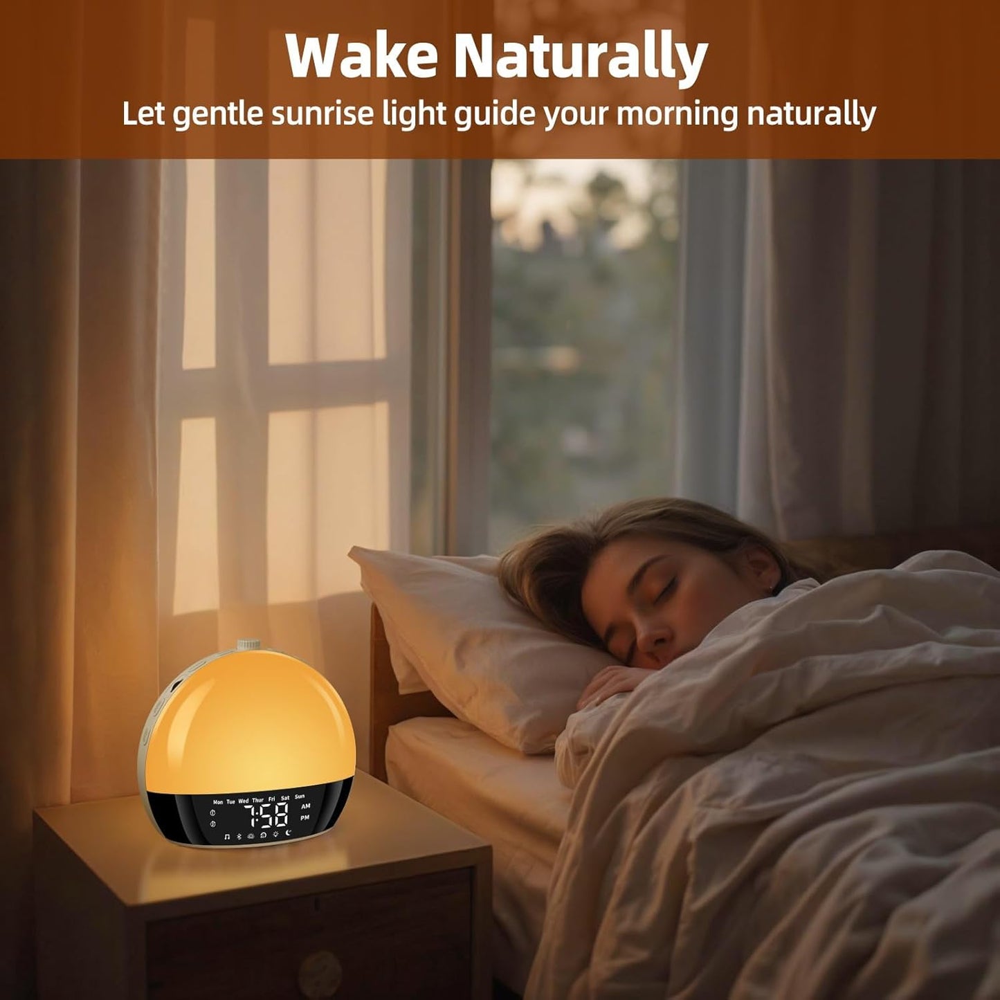 Sunrise Alarm Clock for Heavy Sleepers & Kids, Wake Up Light with Natural Simulation, Dual Alarm, Sleep Sound Machine, Dimmable LED Night Light, FM Radio, USB Charger for Bedroom