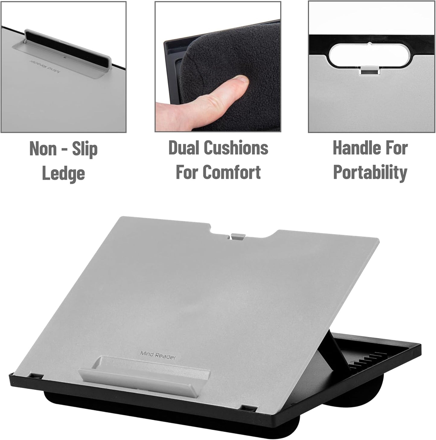 Mind Reader Lap Desk Laptop Stand, Bed Tray, Collapsible, Cushion, Portable, Dorm, Plastic, 14.75" L x 11" W x 7.3" H, Gray