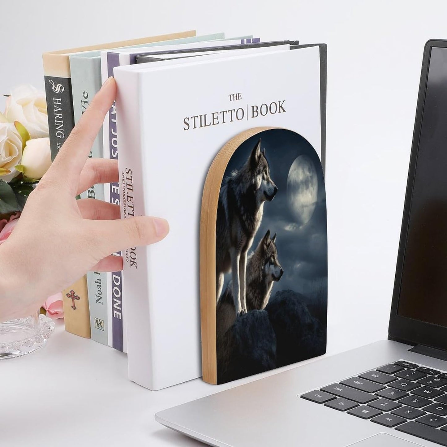 Wolves in The Moonlight Bookend for Shelves Wooden Book End Large Size Sturdy Book Holders Stoppers with Metal Base for Bookshelves Slick Decorative Bookends Stands