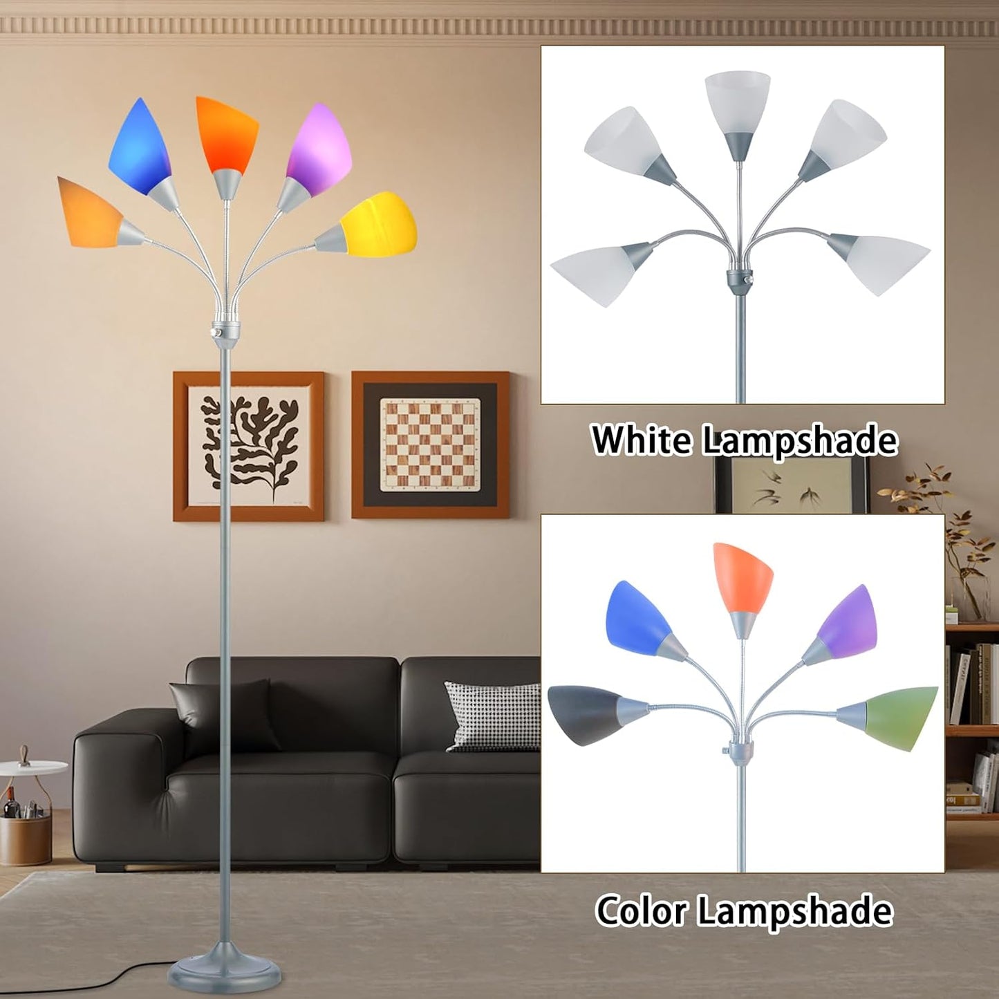Medusa Floor Lamp, Multi Head 5 Light Floor Lamps for Living Room with 10 Lampshade, Adjustable Neck Reading Standing Lamp for Bedroom,Office,Kids,Classroom (Sliver)