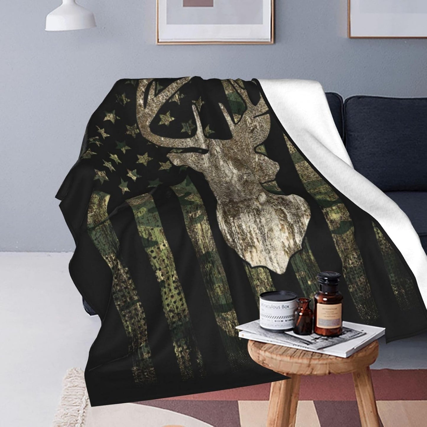 Camo Camouflage Hunting Deer American Flag Soft Warm Full Fleece Throw Blanket Flannel Fuzzy Travel Blankets All-Season Throws for Bed Sofa Women Gifts 40"X30"