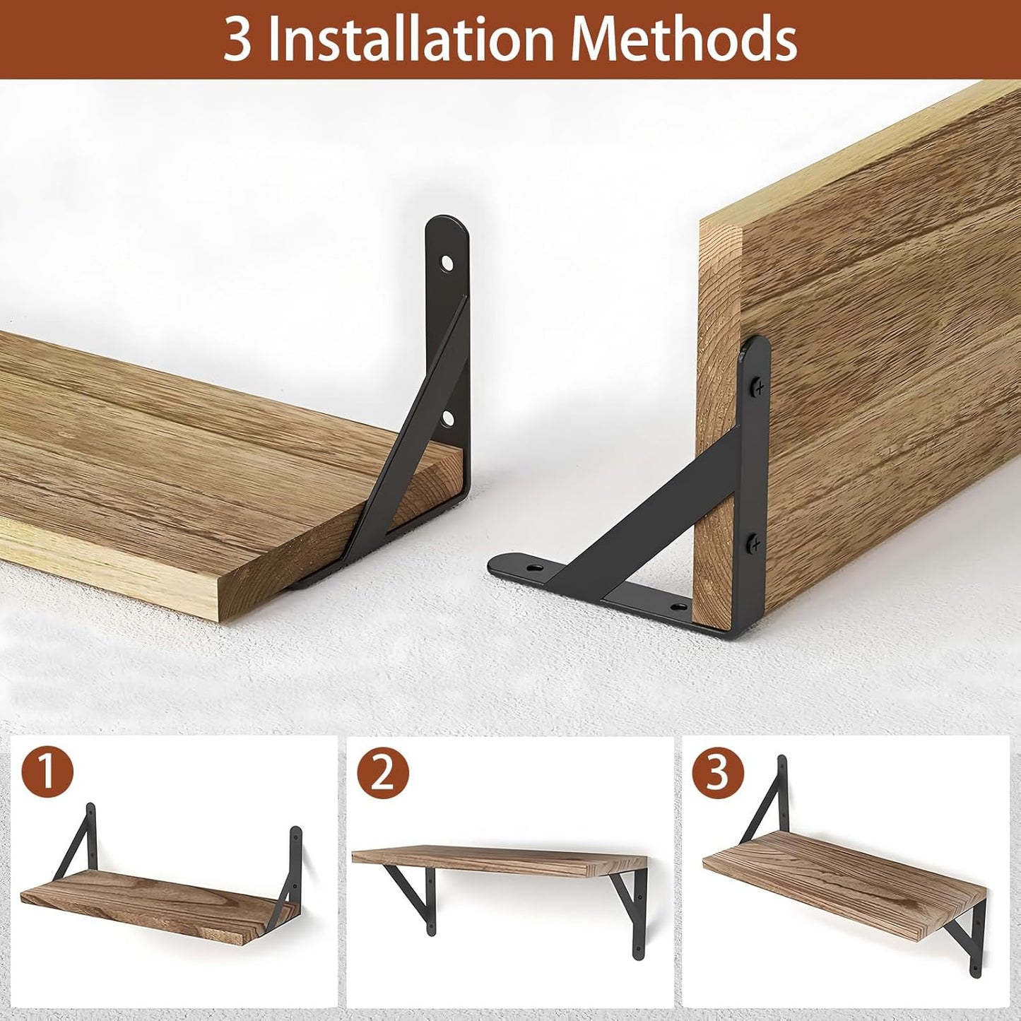 Wood Floating Shelves for Wall Set of 3, Floating Shelves with Storage, Shelves for Room Wall Decor for Bedroom, Bathroom, Living Room, Office (Brown, 16.5")