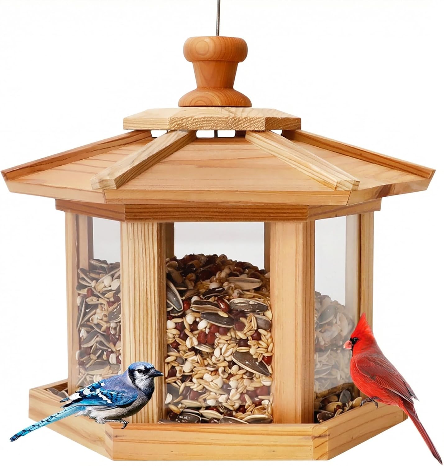 Solution4Patio Bird Feeder for Outdoors - USA Cedar Hexagon Gazebo Bird Feeders with Vented Mesh Tray, Easy-Clean & Fill Design 9.6" Dia. X 8.7" H 3.2-lb Capacity