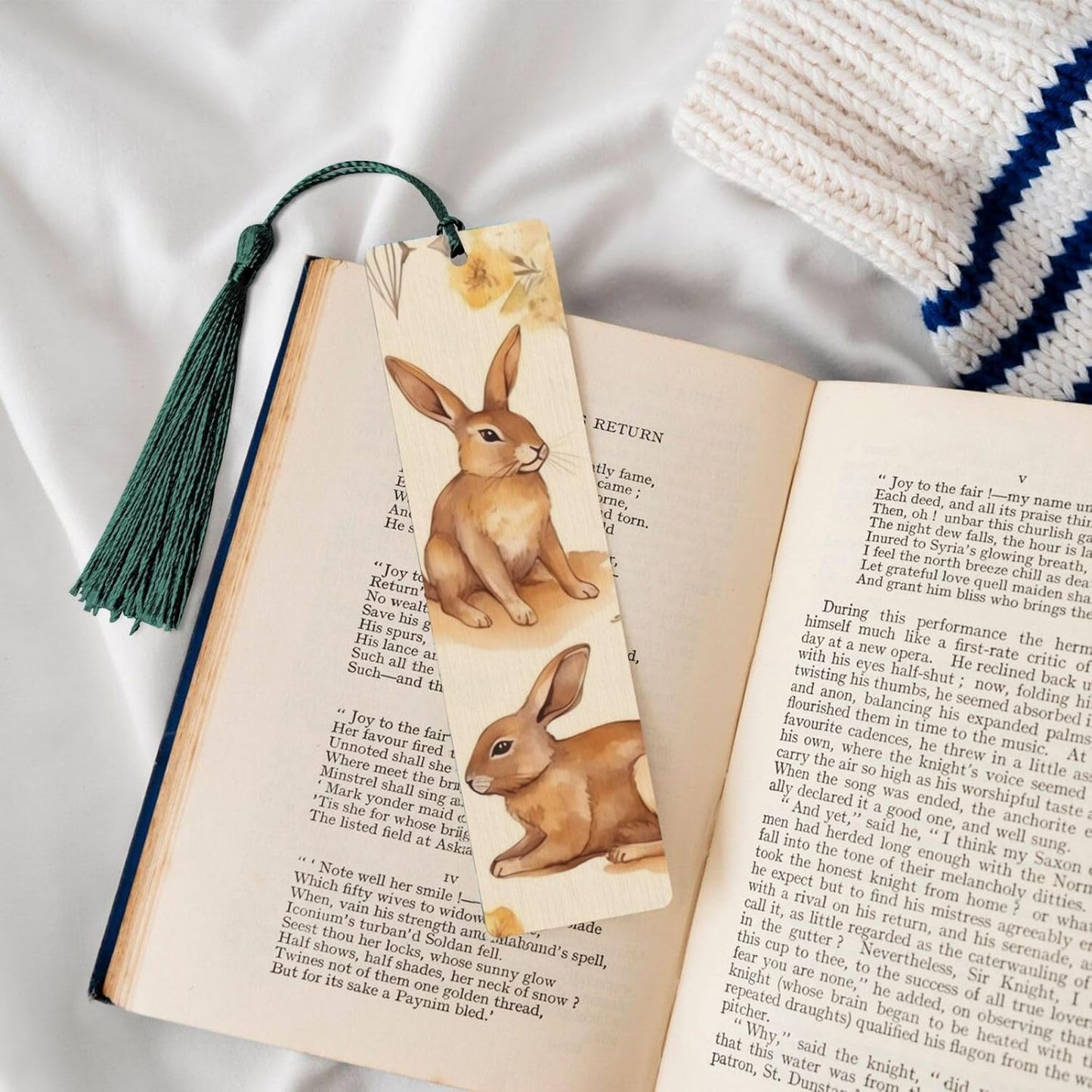 Watercolor Bunny Bookmarks Gifts for Women Men, Wooden Bookmarks for Book Lovers, Vintage Book Marks Ornaments with Tassel, Unique Personalized Reading Page Markers Dark Green