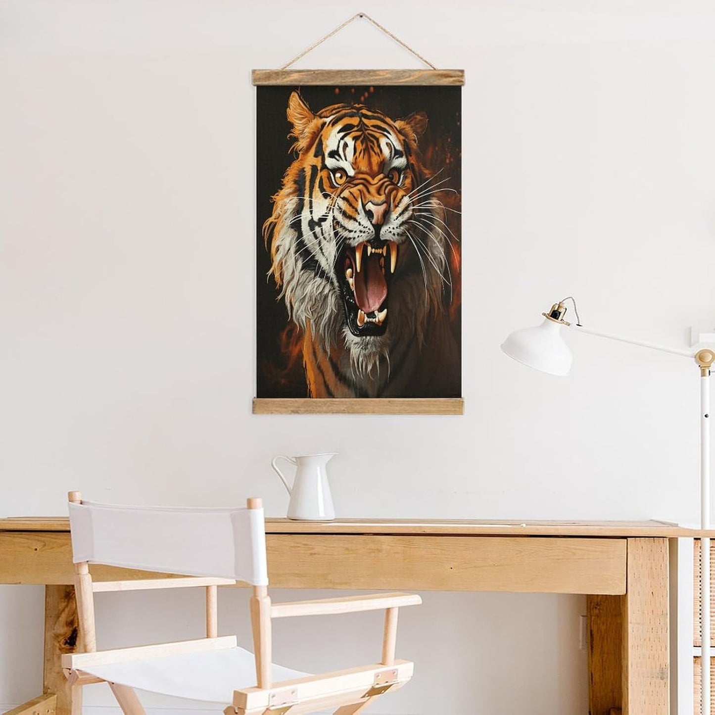 Vintage Roaring Tiger Poster with Wooden Frame Personalized Linen Hanging Scroll Painting Rustic Wall Hanging Illustrative Modern Artwork Decor for Home Living Room Bedroom Office