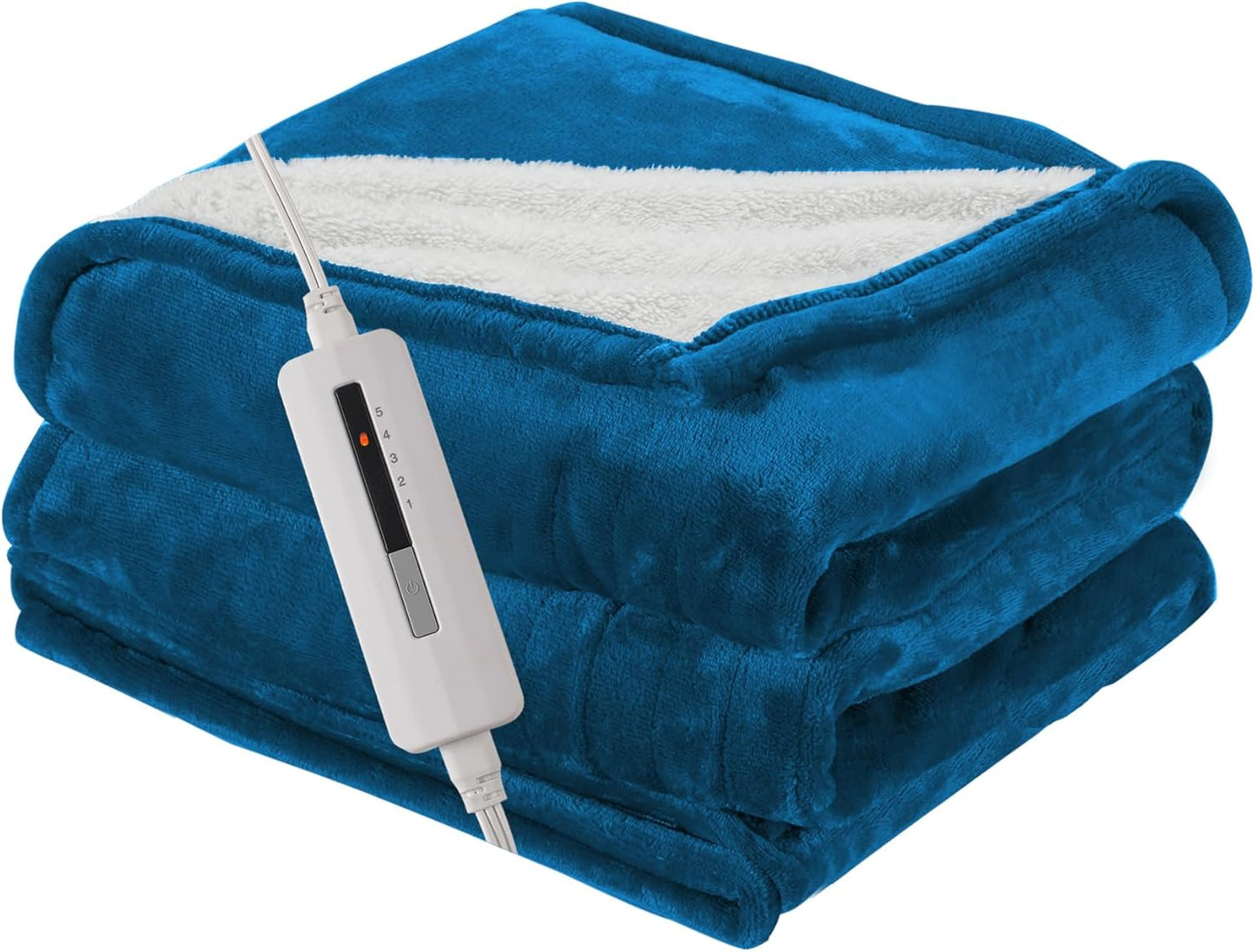 Electric Blanket Twin Size 62" x 84", Thickened Flannel and Sherpa Heated Blanket,10 Hours Timer Auto-Off,5 Heating Levels, Machine Washable, Lake Blue&White