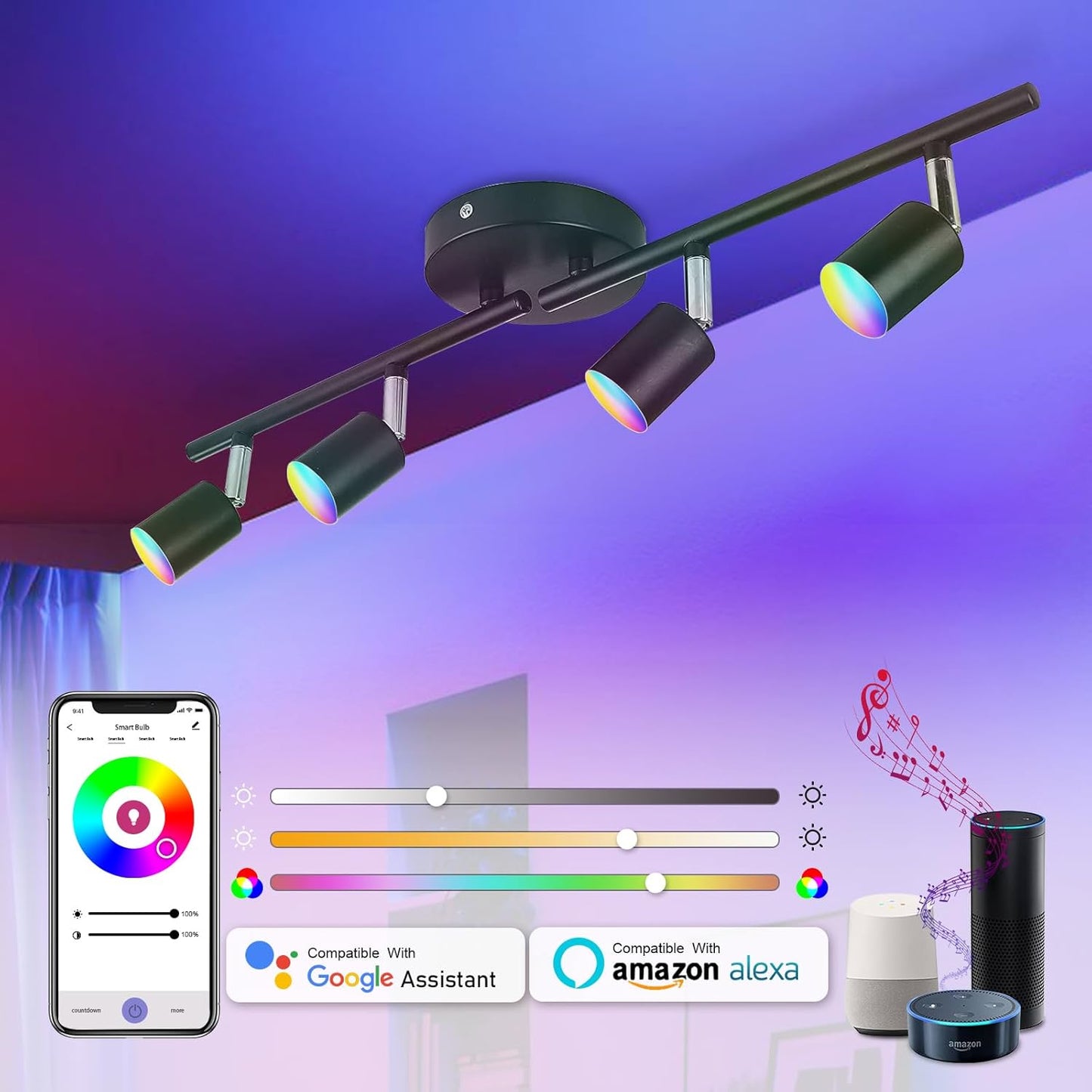 CANEOE Smart 4-Light Black Led Track Lighting Fixtures,16-Colors RGB Track Lighting Kit,Dimmable Track Light Work with Alexa/Google Home/App,Ceiling Spotlight for Kitchen, Living Room, Bedroom, Bar