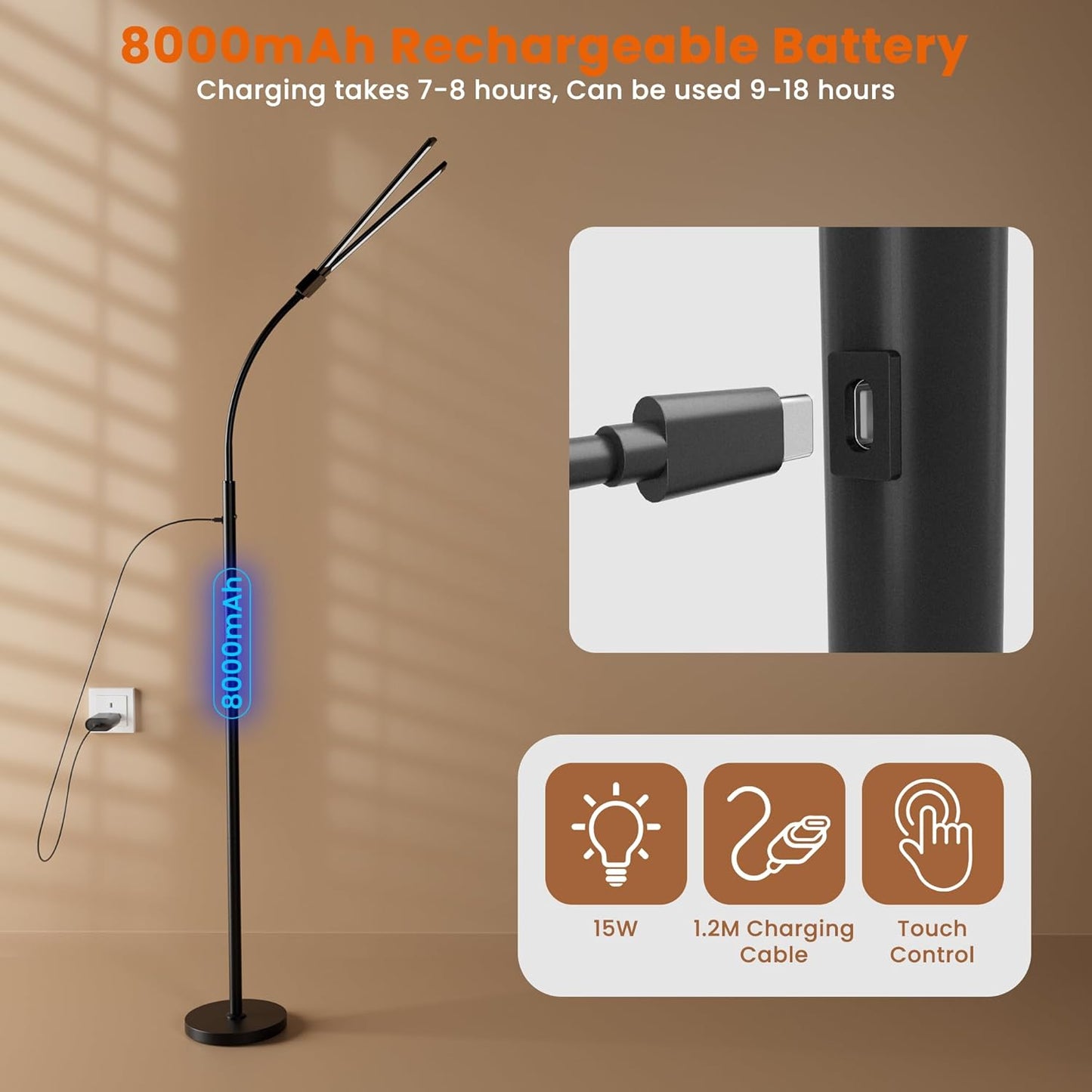 Cordless Floor Lamp LED Rechargeable - 15W Dual Head Adjustable Gooseneck Reading Light, 8000mAh Battery, Touch Control IP54 Waterproof, for Living Room, Bedroom & Emergency Lighting