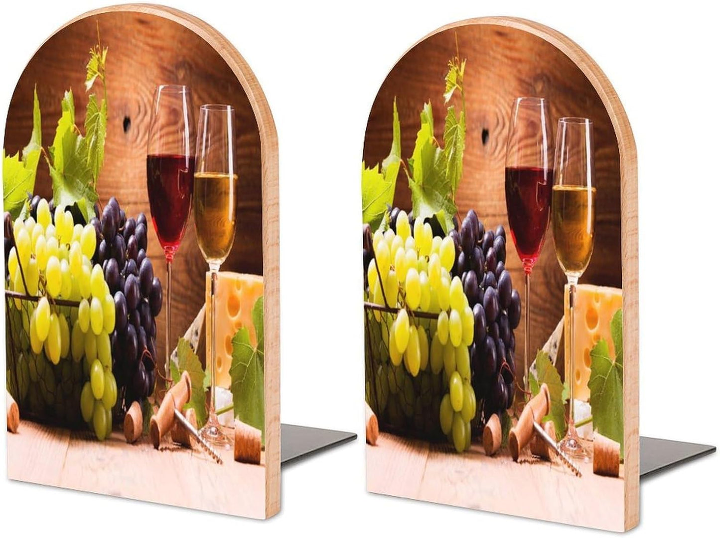 Wine and Grapes Wooden Bookend Non-Slip Book Ends Heavy Duty Book Stopper with Metal Base Books Holderd Decorative Bookends Stands Firmly for Office Supplies