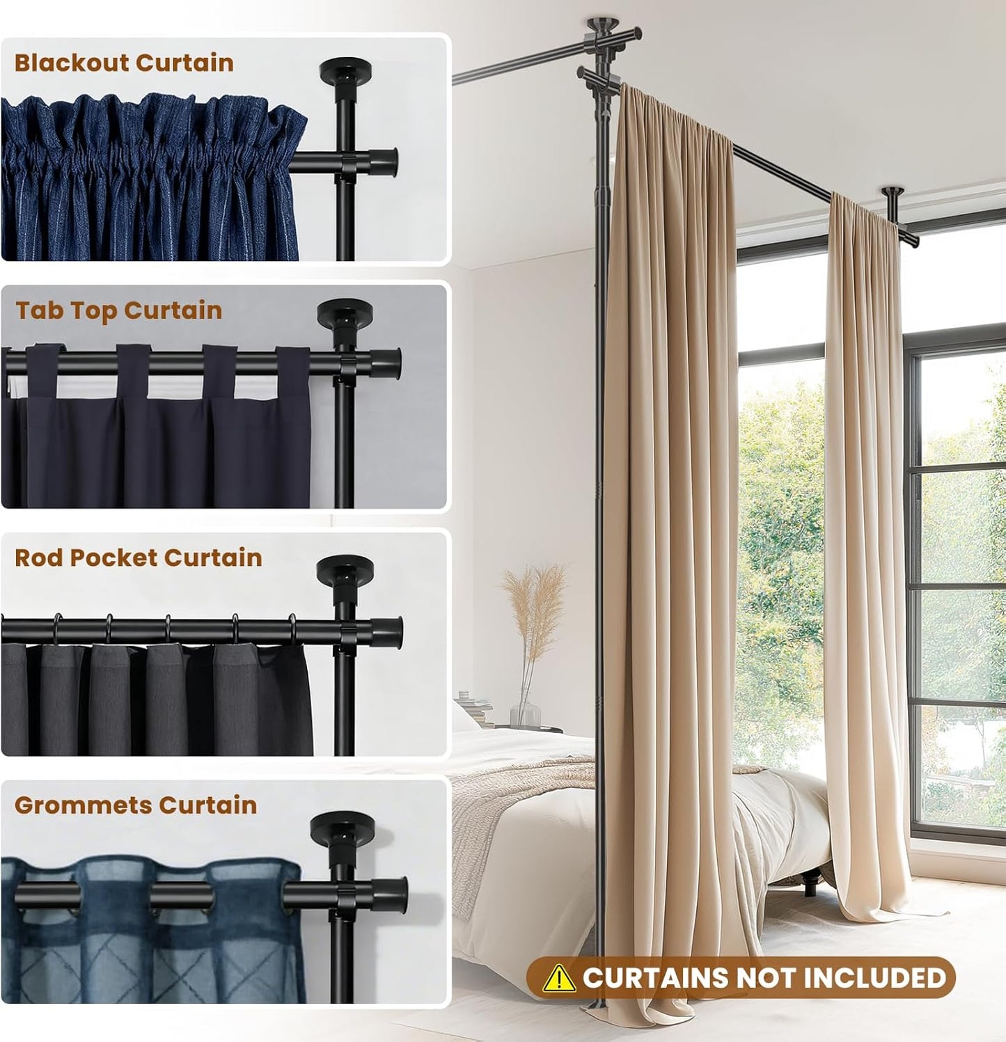 Room Divider Tension Rod No Drilling, Adjustable 72-200" W x 43-120" H Room Divider Curtain Rod, Black